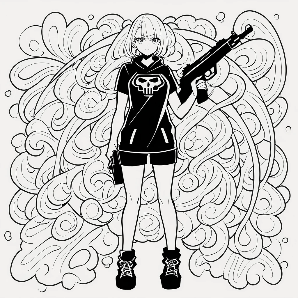 anime artwork of a young sexy punisher woman in a black punisher shirt holding one gun anime manga girl style, entire body in shot, full body shot, anime style, key visual, line art, coloring page, black and white, white backround, thick ink lines, studio anime, highly detailed