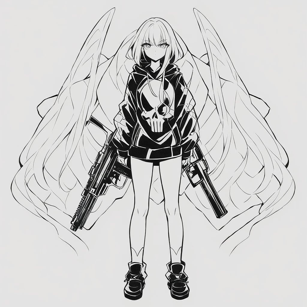 anime artwork of a young sexy punisher woman in a black punisher shirt holding one gun anime manga girl style, entire body in shot, full body shot, anime style, key visual, line art, coloring page, black and white, white backround, thick ink lines, studio anime, highly detailed