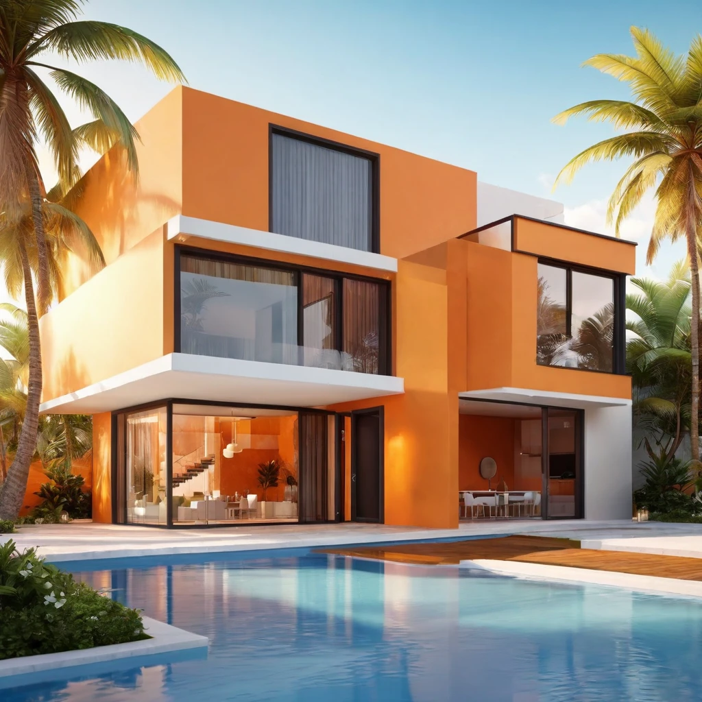 8k,realistic,a beautiful orange villa with a swimpoor,detailed water,plants,day time,shining,shadows,modern villa, orange walls