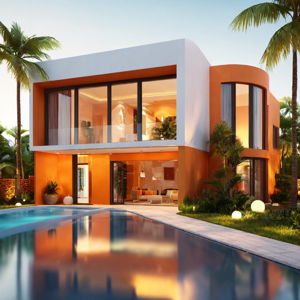 8k,realistic,a beautiful orange villa with a swimpoor,detailed water,plants,day time,shining,shadows,modern villa, orange walls