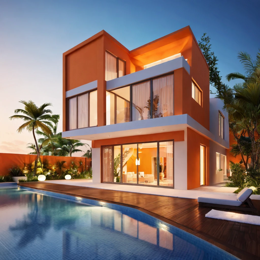 8k,realistic,a beautiful orange villa with a swimpoor,detailed water,plants,day time,shining,shadows,modern villa, orange walls