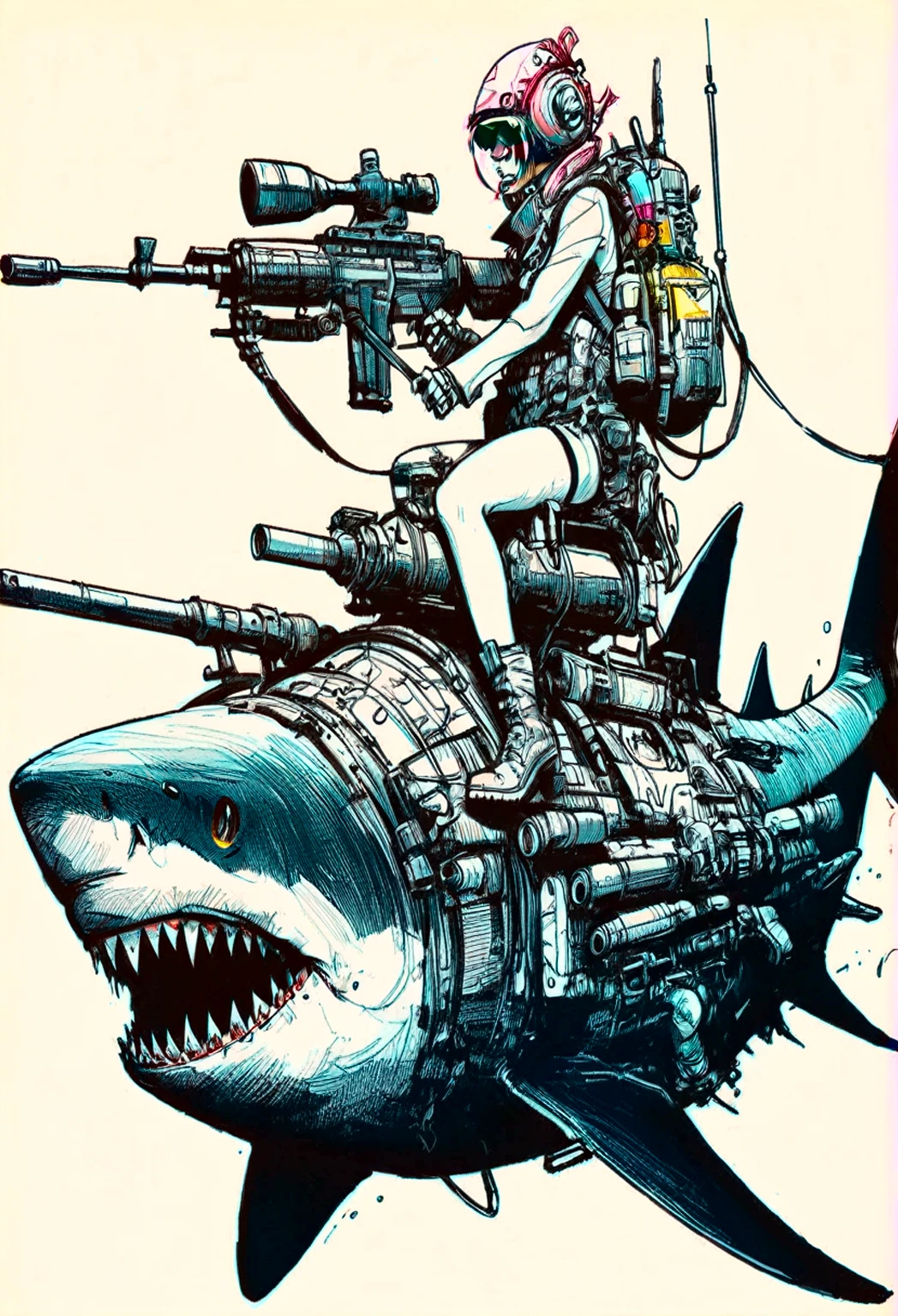 deep sea abyss, VHS, glitch, distorted, nostalgia, 90's retro vibes, analog tape, vcr aesthetics, tv, television, hand drawn, (full roygbiv color) ink charcoal expressive illustration, no light source, darkness, light mask uv rays across face, illustate (jamie hewlett style) tank girl, riding a shark submarine, sketch, unfinished, expressive ink bold line style, cinematic, splash page, wearing deep sea submersion suit, submarine shark sense of movement and energy