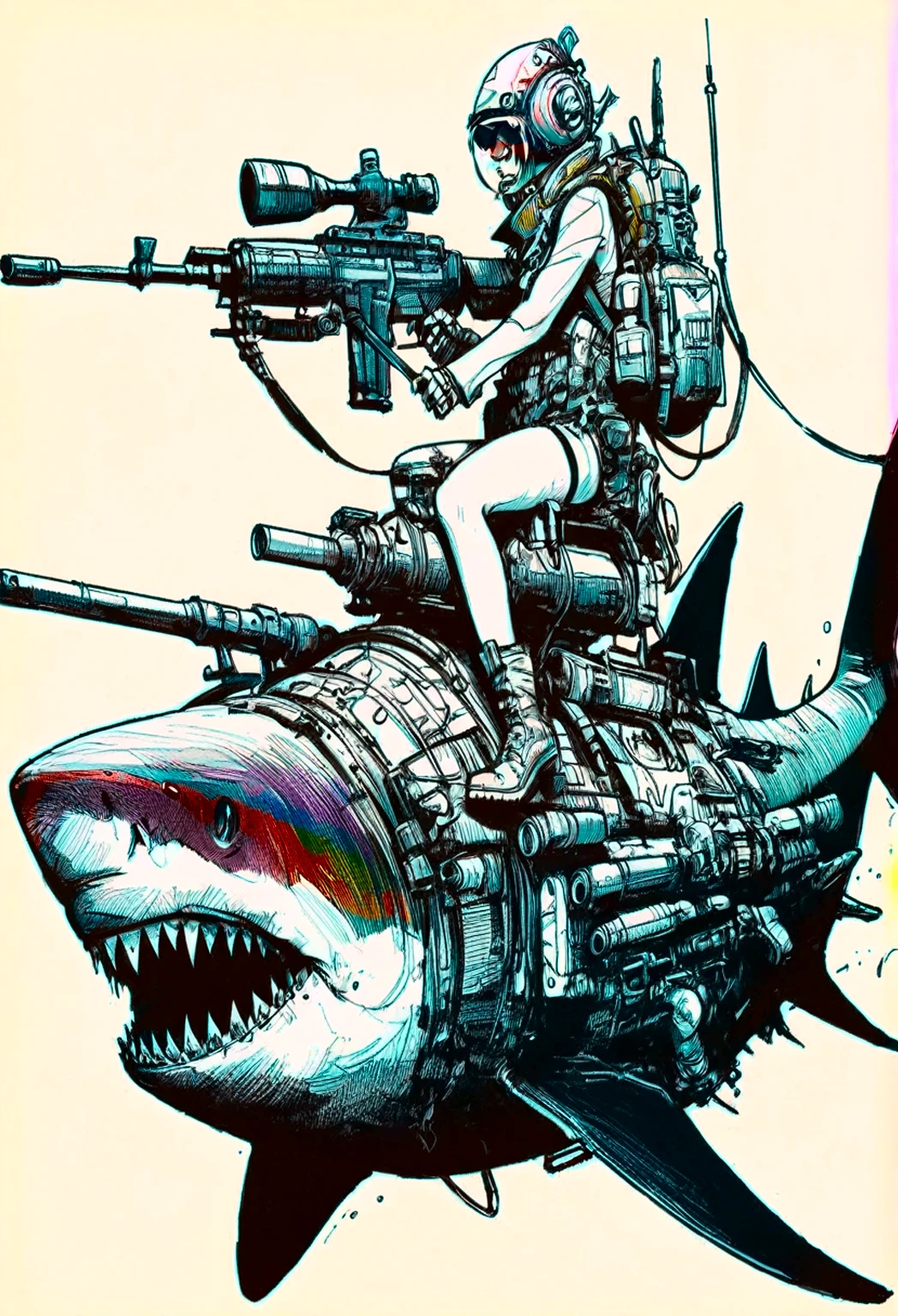 deep sea abyss, VHS, glitch, distorted, nostalgia, 90's retro vibes, analog tape, vcr aesthetics, tv, television, hand drawn, (full roygbiv color) ink charcoal expressive illustration, no light source, darkness, light mask uv rays across face, illustate (jamie hewlett style) tank girl, riding a shark submarine, sketch, unfinished, expressive ink bold line style, cinematic, splash page, wearing deep sea submersion suit, submarine shark sense of movement and energy