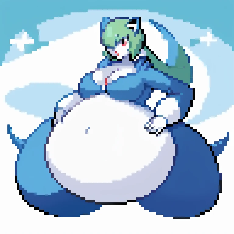 (masterpiece, best quality), 1girl, solo, (gardevoir, snorlax):1.2, white skin, female, full-body, (big belly, chubby, plump), giant breasts, big thighs, cute, tight clothes, cleavage