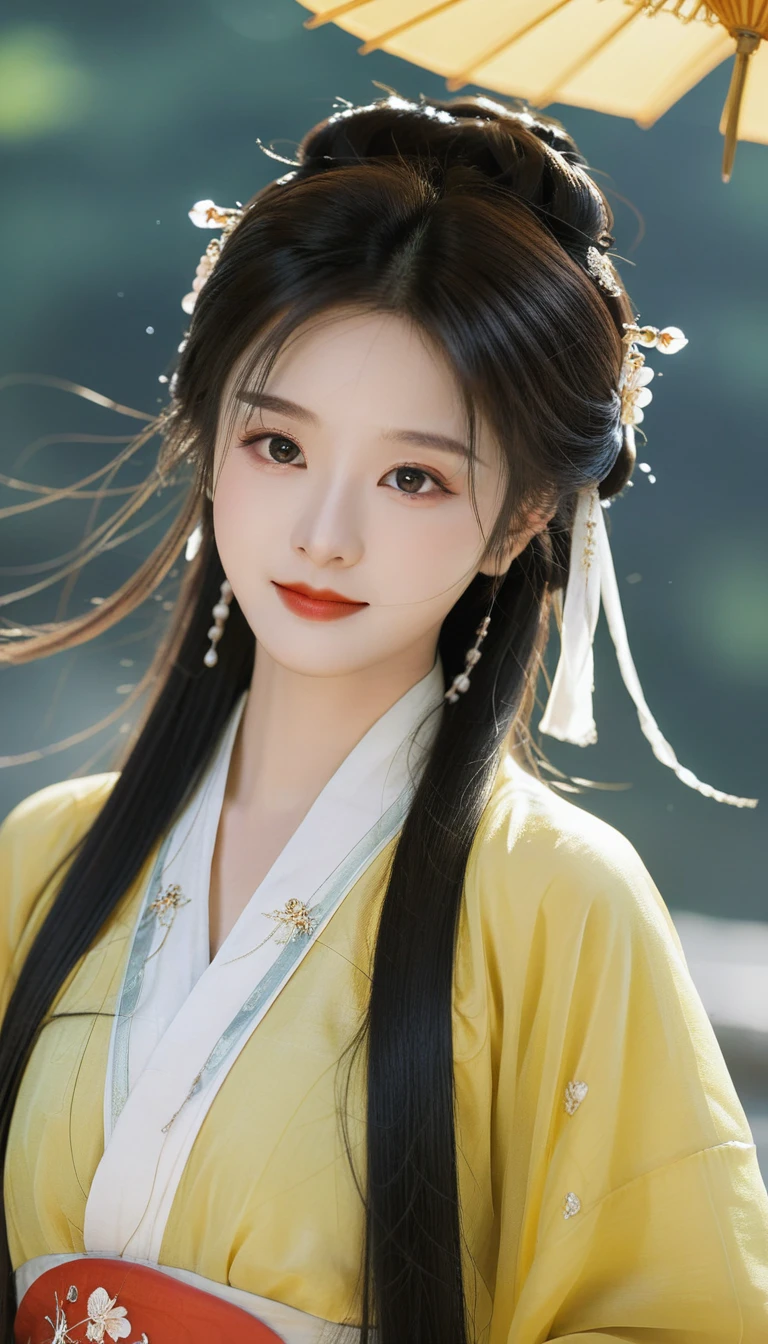 girlvn01, 1girl, hanfu, smile, Stunningly Beautiful girl, Haute_Couture, designer dress, wearing Haute_Couture, posing for a picture, fashion show, long shaped face, dark red eyes, sandy blonde side-wet hair, long hair, long ringlets, catwalk aesthetic, details, highest, amazing, film lighting effect, light-dark contrast, yellow line tracking