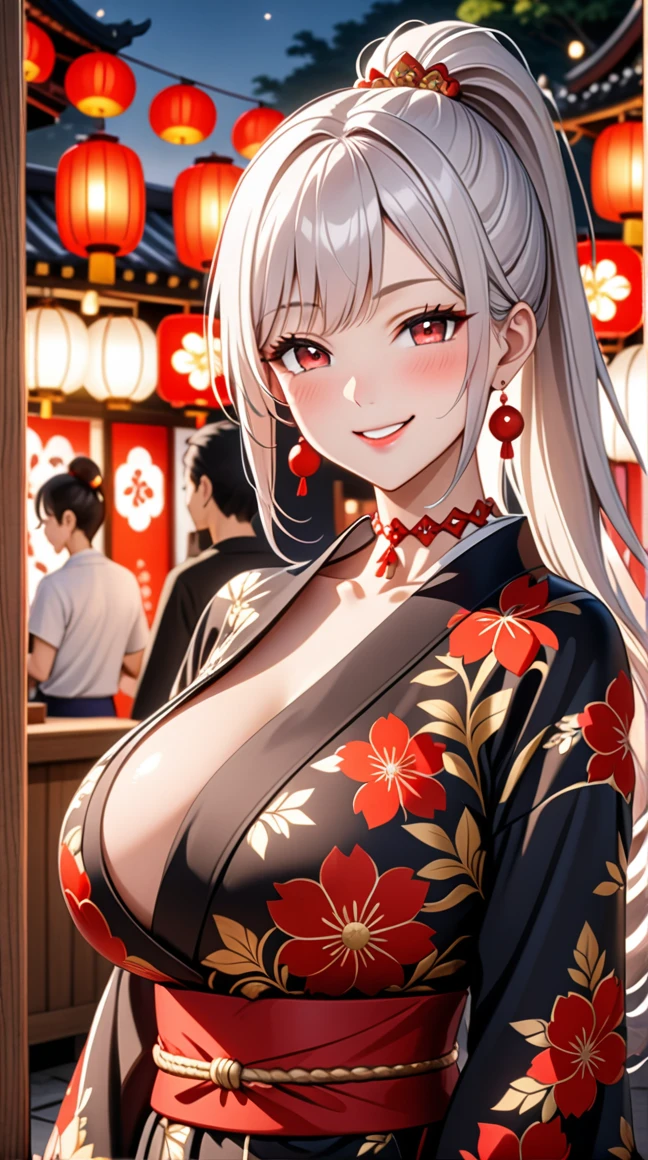 ultra-detailed, ((one girl)), hyper detailed, absurdres, 8K,Cute face, (Laugh shyly), ((teasing smile:1.8)), ((Wink:1.8)), (Laugh with your mouth wide open:1.3),(Tilt your head:1.3), View your viewers, ((Bright red cheeks:1.6)),Glossy Red Lips, ((Big Breasts:1.5)) night, Shrine festival stalls, (Brighten your face), ((Anime style background)),masterpiece, Highest quality, so beautiful,Latest, Complex details, (Pink long nails), (nail art), (ring),(bracelet), (Floral Choker),AI-generated, Complex,High resolution, Highest quality, super high quality,3D Images、3D Images,One person,Long white hair,(High Ponytail), Anime woman posing for a photo, (beautiful eyes), ((Silvery white eyes:1.1)), ((Fine grain、Grey Eyes、glowing eyes:1.5)), (Squint your eyes:1.1),a hyperRealistic , hyperRealistic , Realistic,Anime woman with long white hair, Smooth anime CG art, With gold embroidery、A girl in a gorgeous kimono, ((Black long sleeve kimono:1.3)),(Red large floral pattern) ,Long flower hair ornament,Floral Earrings,Mature Body, expensive,Abdominal muscles,Tight waist,((Zoom in on face:2.1)),(front view),