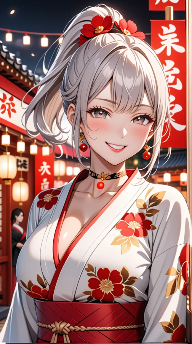 ultra-detailed, ((one girl)), hyper detailed, absurdres, 8K,Cute face, (Laugh shyly), ((teasing smile:1.8)), ((Wink:1.8)), (Laugh with your mouth wide open:1.3),(Tilt your head:1.3), View your viewers, ((Bright red cheeks:1.6)),Glossy Red Lips, ((Big Breasts:1.5)) night, Shrine festival stalls, (Brighten your face), ((Anime style background)),masterpiece, Highest quality, so beautiful,Latest, Complex details, (Pink long nails), (nail art), (ring),(bracelet), (Floral Choker),AI-generated, Complex,High resolution, Highest quality, super high quality,3D Images、3D Images,One person,Long white hair,(High Ponytail), Anime woman posing for a photo, (beautiful eyes), ((Silvery white eyes:1.1)), ((Fine grain、Grey Eyes、glowing eyes:1.5)), (Squint your eyes:1.1),a hyperRealistic , hyperRealistic , Realistic,Anime woman with long white hair, Smooth anime CG art, With gold embroidery、A girl in a gorgeous kimono, ((Black long sleeve kimono:1.3)),(Red large floral pattern) ,Long flower hair ornament,Floral Earrings,Mature Body, expensive,Abdominal muscles,Tight waist,((Zoom in on face:2.1)),(front view),