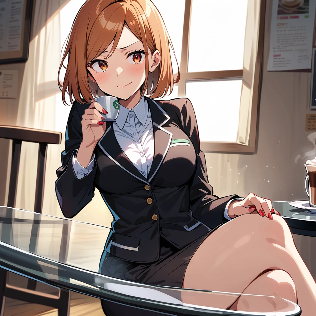nobara kugisaki,teacher uniform,cafe, sitting on chair, glass table,drinking coffee,sexy, crossed legs,white heels, large breasts ,ftont look, mocking smile,seductive face,red nails ,messy hair, pleasure face,smiling, detailed face, detailed eyes, coffee in her hand,white shirt,black skirt,black jacket, accidentally drop coffe on herself, coffe on her clothing,shocked