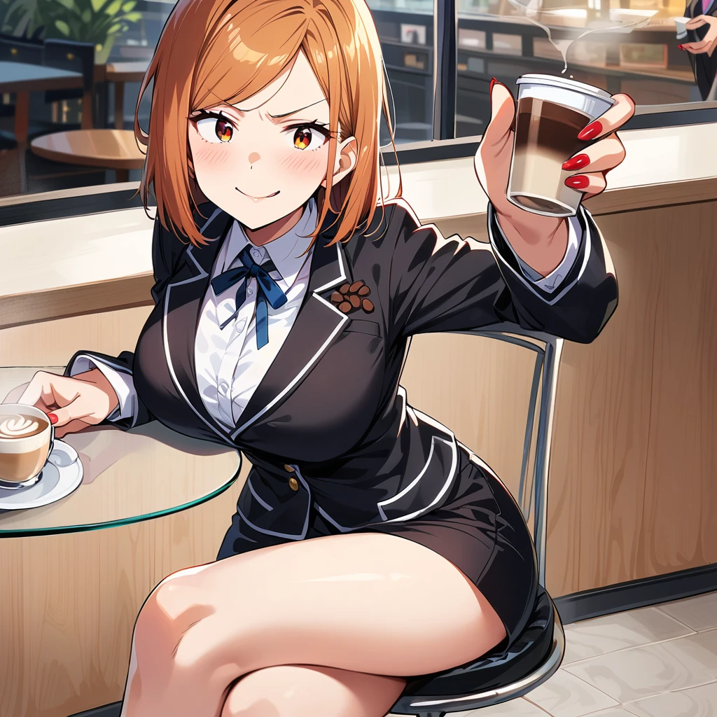 nobara kugisaki,teacher uniform,cafe, sitting on chair, glass table,drinking coffee,sexy, crossed legs,white heels, large breasts ,ftont look, mocking smile,seductive face,red nails ,messy hair, pleasure face,smiling, detailed face, detailed eyes, coffee in her hand,white shirt,black skirt,black jacket, accidentally drop coffe on herself, coffe on her clothing,shocked