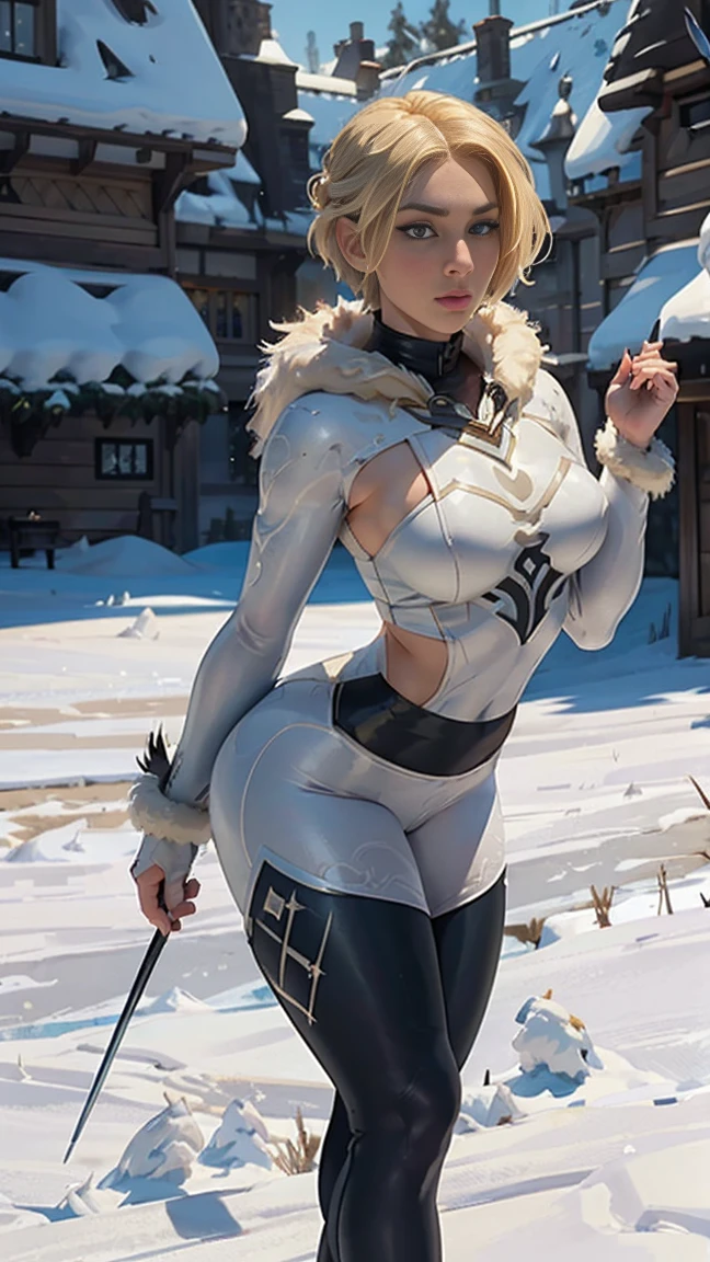 Extremely sexy, masterpiece, best quality, (full body shot,,moon),Masterpiece, 1girl, solo exhibition, beautiful woman, , beautiful goddess girl, beautiful and detailed face, porcelain skin, (((bust shot, center, blonde hair, short hair)), super soft lighting, symmetry, complexity, elegance, high detail, realism, art, concept art, Nordic female warrior, amazing body, athletic, curvy, black fur armor, snowy scenery, outdoor Nordic background, lace leggings, feathers in hair, large fur collar 