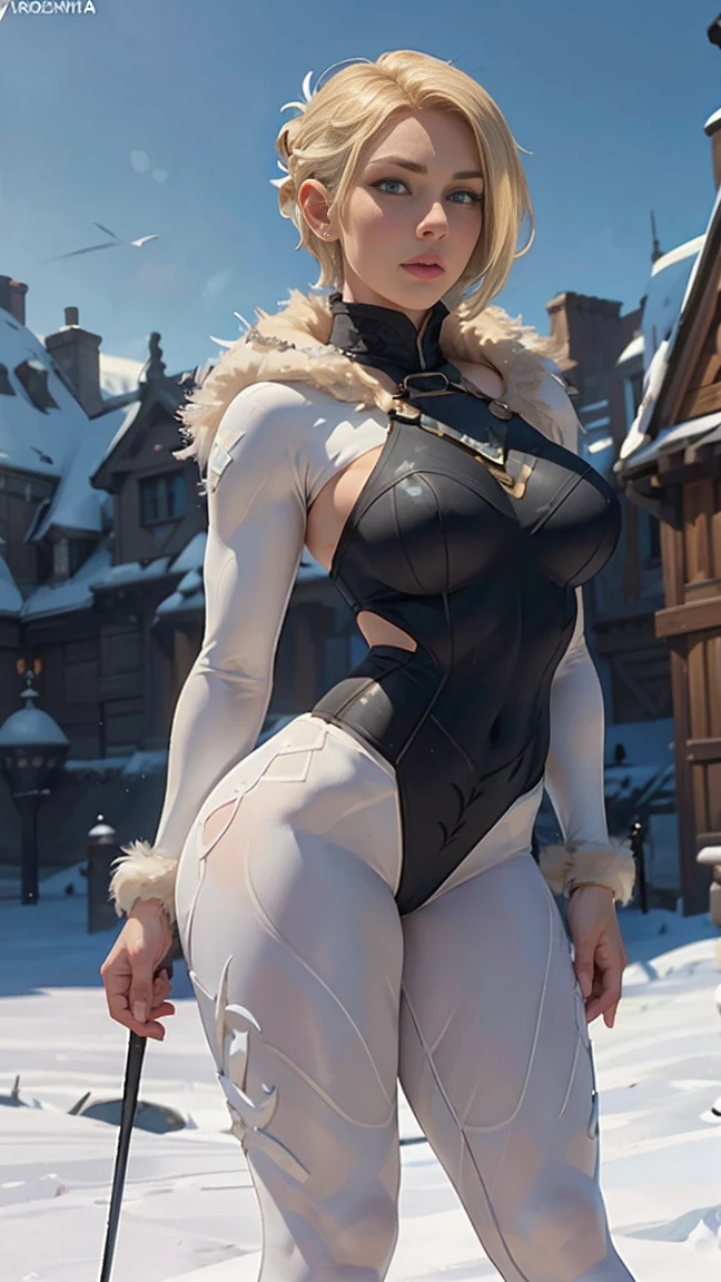 Extremely sexy, masterpiece, best quality, (full body shot,,moon),Masterpiece, 1girl, solo exhibition, beautiful woman, , beautiful goddess girl, beautiful and detailed face, porcelain skin, (((bust shot, center, blonde hair, short hair)), super soft lighting, symmetry, complexity, elegance, high detail, realism, art, concept art, Nordic female warrior, amazing body, athletic, curvy, black fur armor, snowy scenery, outdoor Nordic background, lace leggings, feathers in hair, large fur collar 