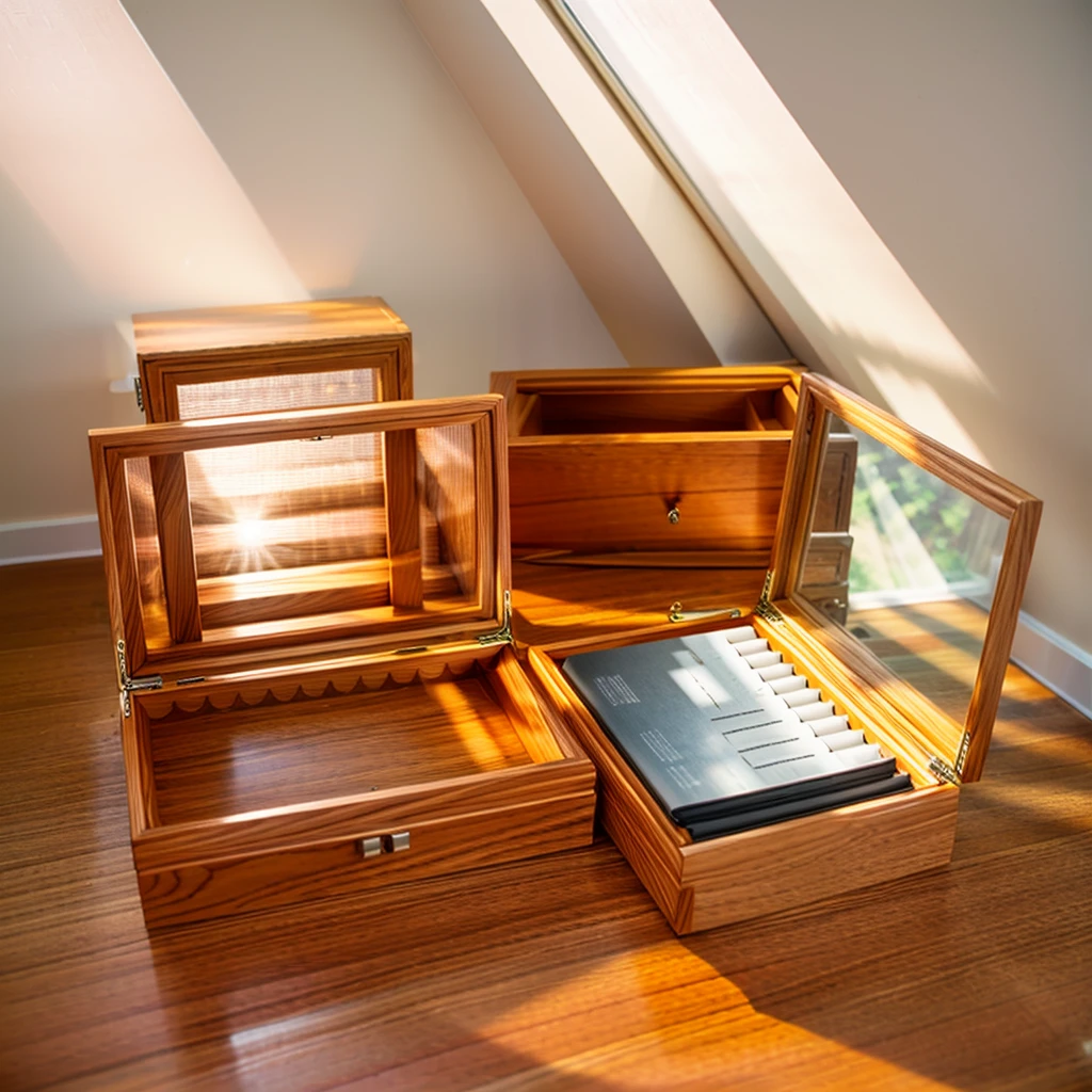 In this cozy room,A ray of sunlight shone through the half-drawn curtains on the table,Let the wood grain on the watch storage box shine with a faint luster。There was a calm and peaceful atmosphere in the air around them。There are several still lifes hanging on the walls of the room,It adds a touch of elegance to the space。And on the other side of the room,The half-open window lets in the breeze,The pages on the small desk by the window turned in the wind,This quiet scene gives a sense of tranquility and comfort。