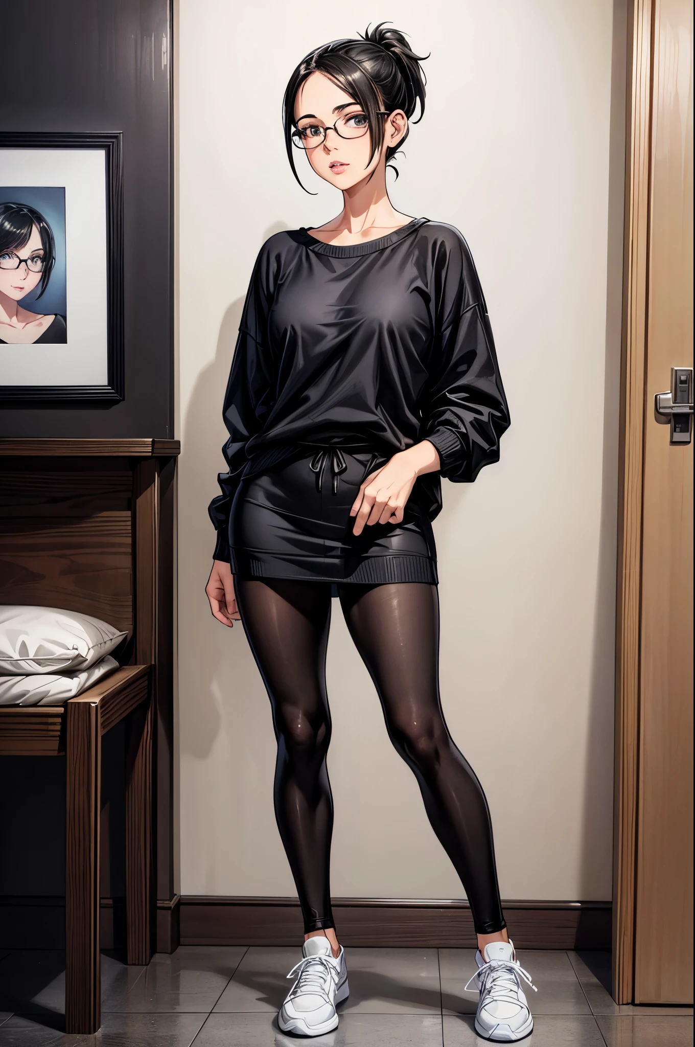 a 28 year old woman with black short ponytail hair, freckles, and glasses,full body, room wear fashion,wearing an white oversized knit top, maxi length black leggings,socks and sneakers, standing in the room,extremely detailed eyes and face, beautiful detailed eyes, beautiful detailed lips, longeyelashes, photorealistic, 8k, highres, masterpiece, realistic, studio lighting, professional, vivid colors, indoor, natural lighting, minimalist, clean background