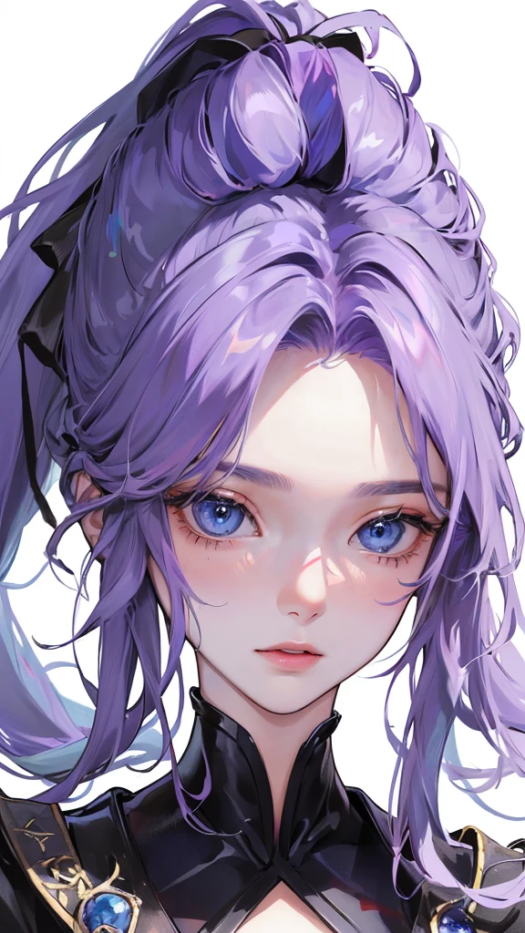 (Top resolution、Distinct_image)top-quality、femele、masterpiece、highly detailed、Semi-realistic、blue eyes、18year old、young、black suit clothing、Exquisite facial features、Facial features、unique hairstyle, variations, potrait, white background, purple hair , ponytail