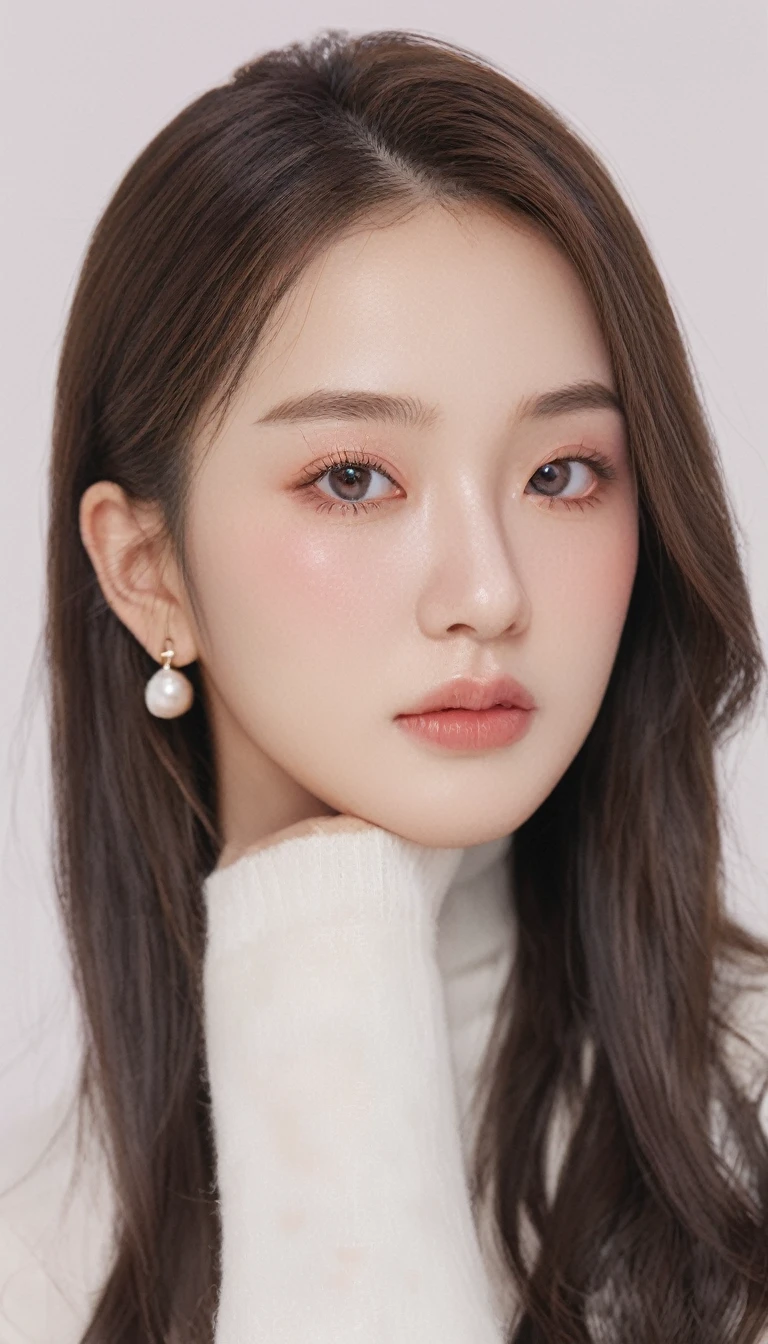 ultra wide shoot, front photo, 1girl with shopping bag and pointing finger up, woman, (Photorealsitic)、(intricate detailes:1.2)、(masterpiece、:1.3)、beauty face, (top-quality:1.4)、(超A high resolution:1.2)、超A high resolution、(A detailed eye)、(detailed facial features), ((Realistic lighting、top-quality、8K、natural light, masterpiece:1.3))、bright photo, Clear focus:1.2、1girl in、flawless beauty:1.4、Superfine Face、Narrow-eyed、double eyelid、photos realistic, perfect eyes, perfect skin, detailed skin, detailed face, looking viewer, front view, potrait, raw photo, simple soft pink background, (intricate detailed skin textured:1.4) front view, looking viewer, clear face, 1 girl、porate、Bright and very beautiful face、beautiful girl, A stunning close-up portrait showcasing the beauty of a Korean model. The composition features soft, natural lighting , bright eyes, and striking cheekbones. Her glossy, The background is simply white background, wear sweetshirt, neat hair, long hair, instagram model, profil picture, bright and natural