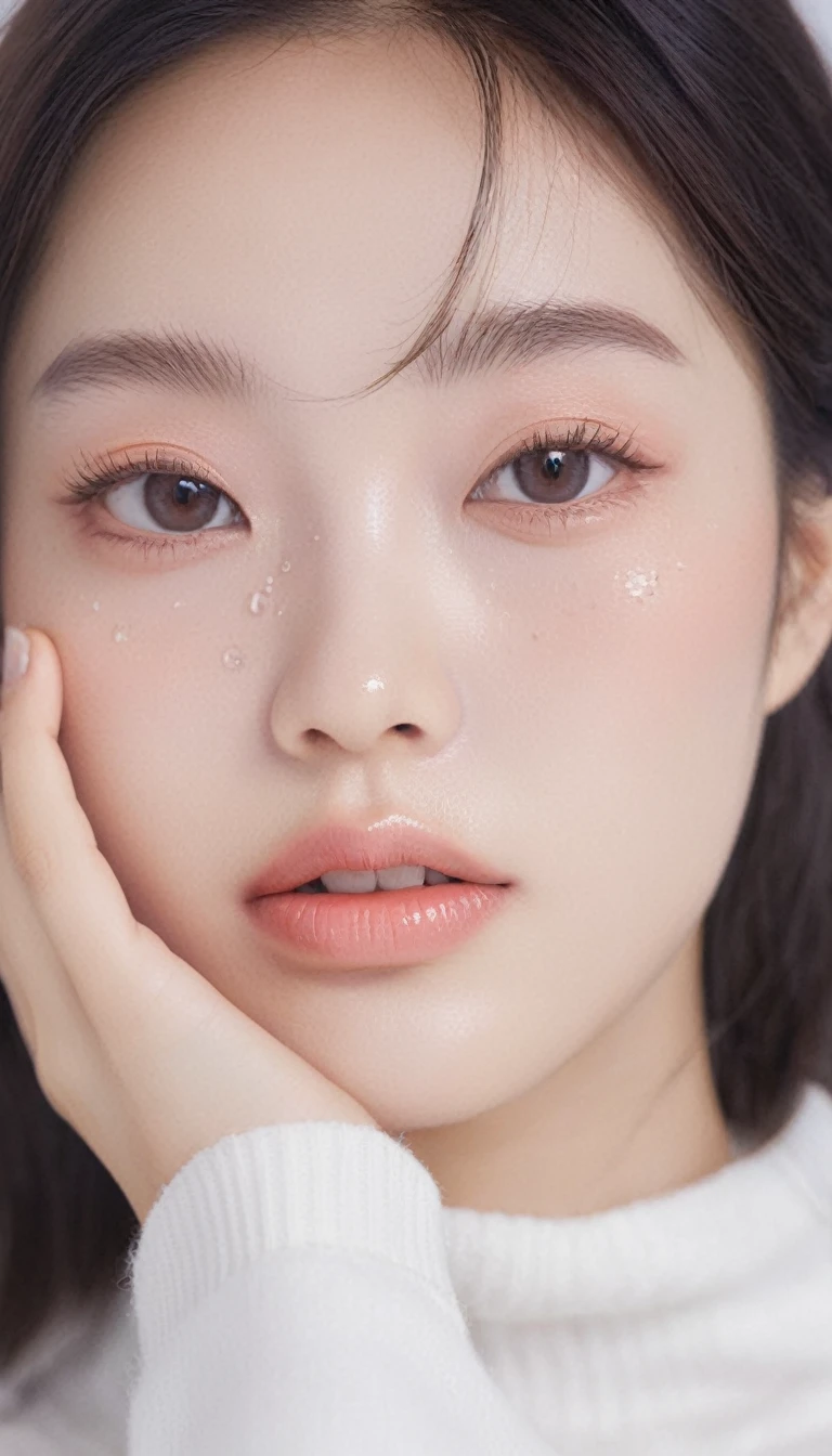ultra wide shoot, front photo, 1girl with shopping bag and pointing finger up, woman, (Photorealsitic)、(intricate detailes:1.2)、(​masterpiece、:1.3)、beauty face, (top-quality:1.4)、(超A high resolution:1.2)、超A high resolution、(A detailed eye)、(detailed facial features), ((Realistic lighting、top-quality、8K、natural light, ​masterpiece:1.3))、bright photo, Clear focus:1.2、1girl in、flawless beauty:1.4、Superfine Face、Narrow-eyed、double eyelid、photos realistic, perfect eyes, perfect skin, detailed skin, detailed face, looking viewer, front view, potrait, raw photo, simple soft pink background, (intricate detailed skin textured:1.4) front view, looking viewer, clear face,  1 girl、porate、Bright and very beautiful face、beautiful girl, A stunning close-up portrait showcasing the beauty of a Korean model. The composition features soft, natural lighting , bright eyes, and striking cheekbones. Her glossy,  The background is simply white background,  wear sweetshirt, neat hair, long hair, instagram model, profil picture, bright and natural
