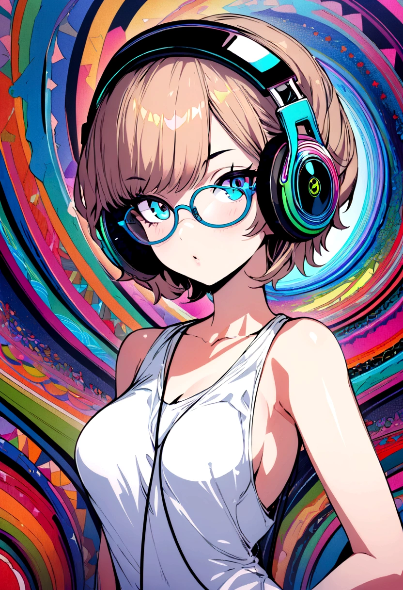((top-quality)), ((masterpiece)), (extremely detailed fine touch:1.3), psychedelic art, 1girl, solo, short hair, (((under-rimmed glasses:1.3))), (headphones:1.3), medium breasts, bare arms,
