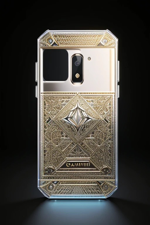 a giant luxury cellphone, highly detailed, hyper realistic, 8K, 3D model, photorealistic, perfectly lit, studio lighting, intricate details, glossy surface, metallic finish, elegant design, expensive looking, premium materials, glass screen, chrome accents, angular form, futuristic aesthetic, cinematic angles, dramatic lighting, reflective textures, clean composition, high-end technology