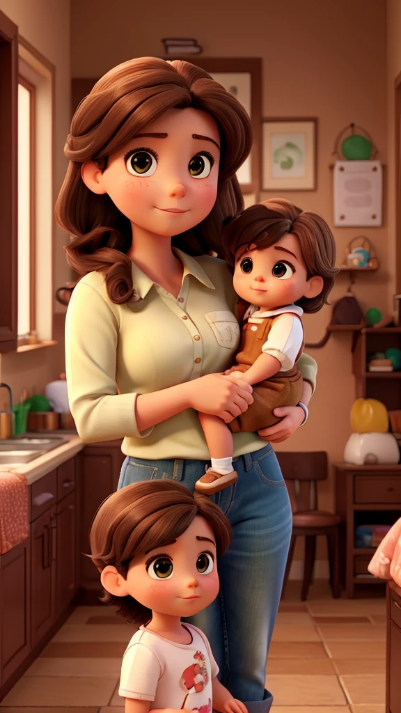 I want a cell phone wallpaper photo that is of a family of 1 woman, 1 man, 1 9-month-old baby girl and a 4-year-old boy, with the following descriptions: a tall chubby woman with chocolate hair color copper green eyes, tall thin man black hair with beard brown eyes, 9 month old girl brown hair brown eyes and 4 year old boy brown hair brown eyes.
all together