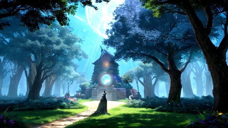 A mysterious portal stretches out in the middle of a lush forest, with energy radiating from its center. To the left of the portal, you see the human world with a village near the forest, village lights that illuminate at night, and cobblestone paths. To the right of the portal, a fantasy world opens wide: a majestic palace made of sparkling crystals, colorful trees, and mythical creatures adorning a blue sky full of stars.