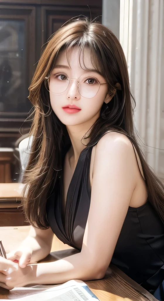 (((Brown long hair))), (The Louvre Museum), The pose is seductive, (Surrealism), (illustration), (Improve resolution), (8 Kurds), (Extremely detailed), (Best illustration), (Beautiful and delicate eyes), (best quality), (Ultra Detailed), (On the table ), ( wallpaper), (Delicate face), Solitary, 1 female, Fine details, Delicate face, Deep Shadows, Low profile, Purebred face_v1, 微lol, 46 points side bangs、Big necklace、Big earrings、lol、Fine-rimmed glasses、Very sexy woman，Exquisite。(Slim waist) :1.3)、((school uniform))、Beautiful and smooth skin、Texture、Flowing hair， (Wear pantyhose)