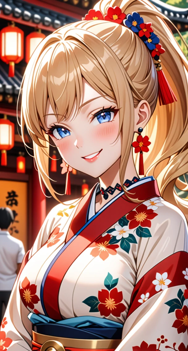 ultra-detailed, ((one girl)), hyper detailed, absurdres, 8K, Beautiful Face, (Laugh shyly), ((teasing smile:1.8)), ((Wink:2.0)), (Laugh with your mouth wide open),(Tilt your head:1.3), View your viewers, ((Bright red cheeks:1.6)),Glossy Red Lips, ((Big Breasts:1.5)) night, Shrine festival stalls, (Brighten your face), ((Anime style background)),masterpiece, Highest quality, so beautiful,Latest, Complex details, (Pink long nails), (nail art), (ring),(bracelet), (Floral Choker),AI-generated, Complex,High resolution, Highest quality, super high quality,3D Images、3D Images,One person,Blonde long hair,(High Ponytail), (Wavy Hair), Anime woman posing for a photo, ((beautiful eyes)), ((Fine grain、blue eyes、glistening eyes:1.5)), (Squint your eyes:1.1),a hyperRealistic , hyperRealistic , Realistic,Long blonde anime woman, Smooth anime CG art, Pink large floral patternの刺繍が入った、A girl in a gorgeous kimono, ((White long-sleeved kimono)),(Pink large floral pattern) ,Long flower hair ornament,Floral Earrings,Mature Body, tall,Abdominal muscles,Tight waist,((Zoom in on face:2.1)), (front view),
