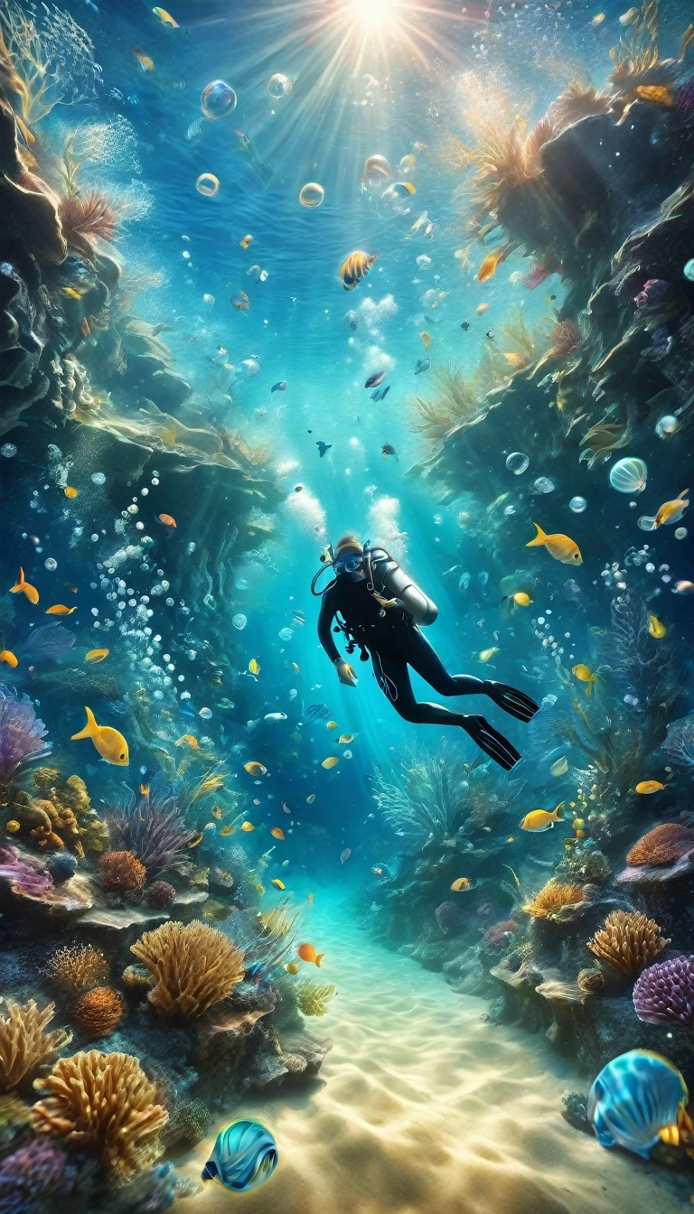 Photos under the sea,Drawing a beautiful underwater world,Best diving spots,Transparency,How beautiful!,Water representation,Water movement,Microbubbles,realism,A beautiful diving spot that will captivate everyone,bright,diagonal configuration,Focus on the underwater world,Realistic,Exquisite underwater detail,Fantasy,dream-like,1 diver