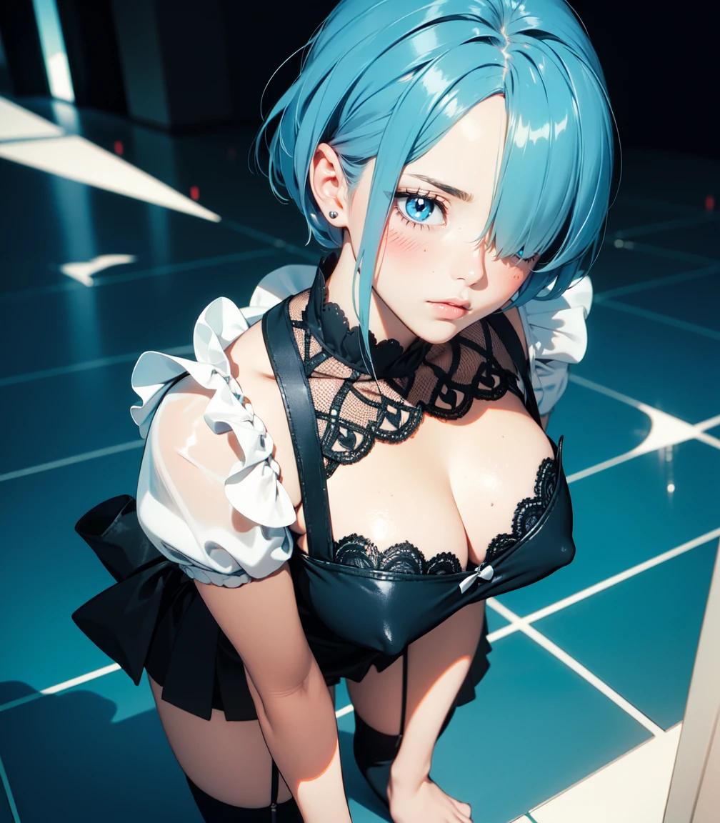 Masterpiece, best quality, 16k resolution, NVIDIA RTX Ray Tracing technology, Create a 4K resolution, ultra-realistic, and extremely detailed artwork, award winning, retina, soft light, sharp focus.(hyper-realistic:1.4) , (medium shot:1.5)

Rem from rezero, (remrin), cute, lustrous skin, enchanting gaze, blue hair, short hair, (hair over one eye:1.3), blue eyes, roswaal mansion maid uniform, black skirt, garter belt, intricate lace, apron, white thighhighs, looking at viewer, strongly ashamed, embarrased, blushing, epic, cinematic, dramatic, reflective, shining, purple glow, big breasts, cleavage, sexy, modeling pose, turned

smooth perfect skin, smooth_skin

Beautiful、(red blush)、big breasts, 

FULL BODY SHOT, ultra wide angle, textured skin, face detail, clean skin, perfect hands, perfect anatomy, anatomically correct