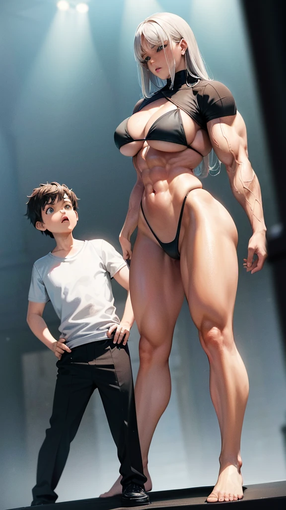 Woman in black bikini and small man in white shirt, weak and small man, thin and small physique, Very beauthful. , ,weak and defenseless man, small physique, , muscular ultraviolent woman, muscular and scary, absurdly huge physique, big muscles, extremely muscular woman, woman stepping on man, small man being stepped on by woman,