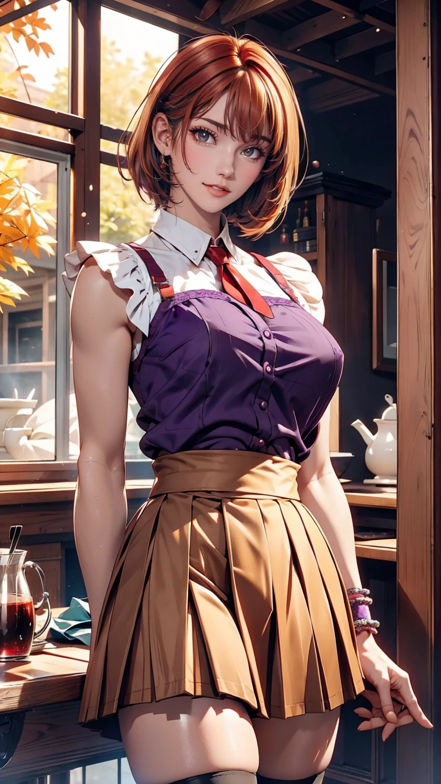 Maid, Blonde, Purple eyes, smile、Headdresaid服、Red hair、Pixie Cut、Sexy proportions、Sexy、Wear a mini pleated skirt