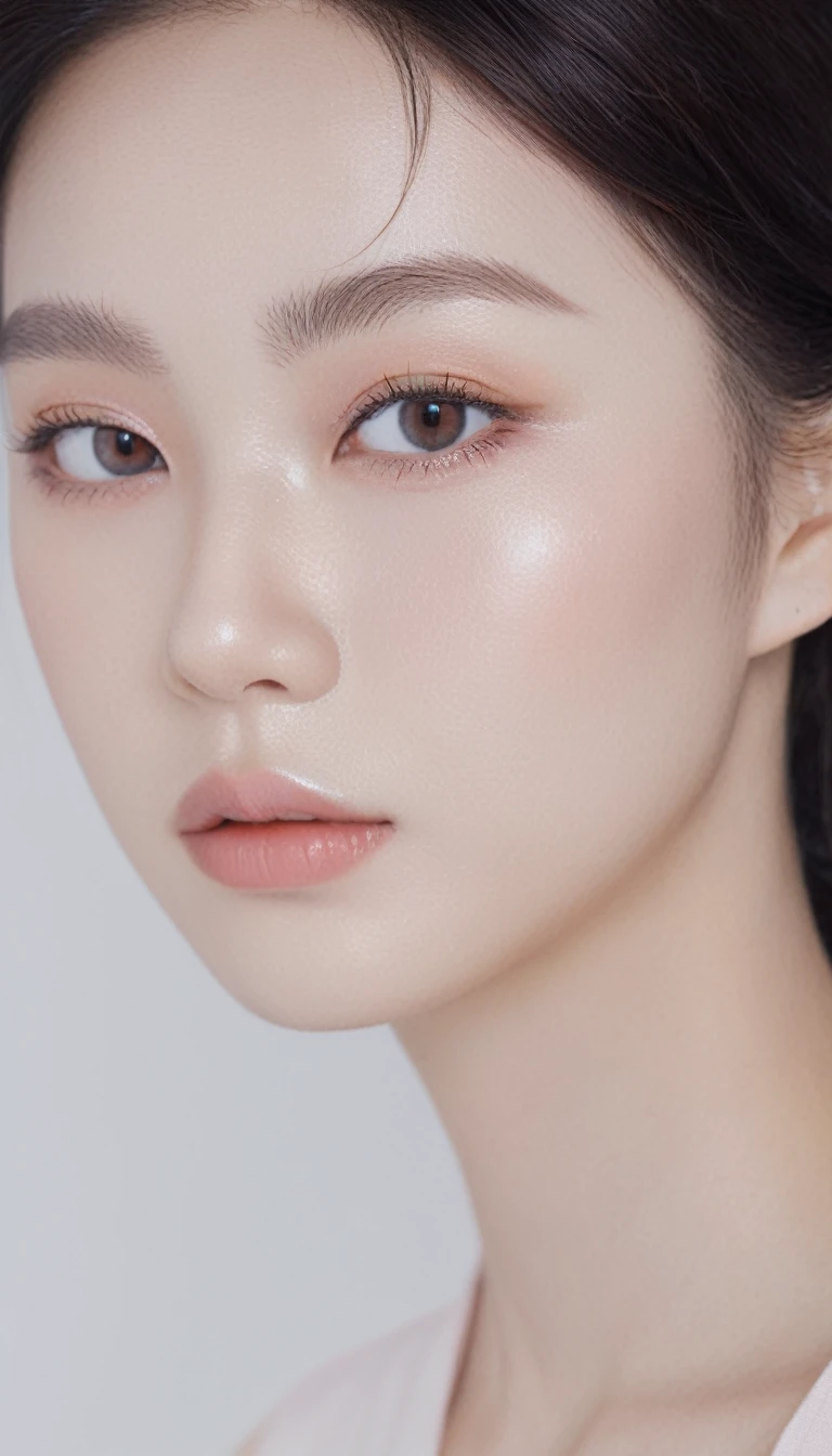 medium wide close-up, potrait, wide shoot, profile photo, front photo, 1girl, woman, (Photorealsitic)、(intricate detailes:1.2)、(masterpiece、:1.3)、beauty face, (top-quality:1.4)、(超A high resolution:1.2)、超A high resolution、(A detailed eye)、(detailed facial features), ((Realistic lighting、top-quality、8K、natural light, masterpiece:1.3))、bright photo, Clear focus:1.2、1girl in、flawless beauty:1.4、Superfine Face、Narrow-eyed、double eyelid、photos realistic, perfect eyes, perfect skin, detailed skin, detailed face, looking viewer, front view, potrait, raw photo, simple soft pink background, (intricate detailed skin textured:1.4) front view, looking viewer, clear face, 1 girl、porate、Bright and very beautiful face、beautiful girl, A stunning close-up portrait showcasing the beauty of a Korean model. The composition features soft, natural lighting , bright eyes, and striking cheekbones. Her glossy, The background is simply white background, wear sweetshirt, neat hair, long hair, instagram model, profil picture, bright and natural