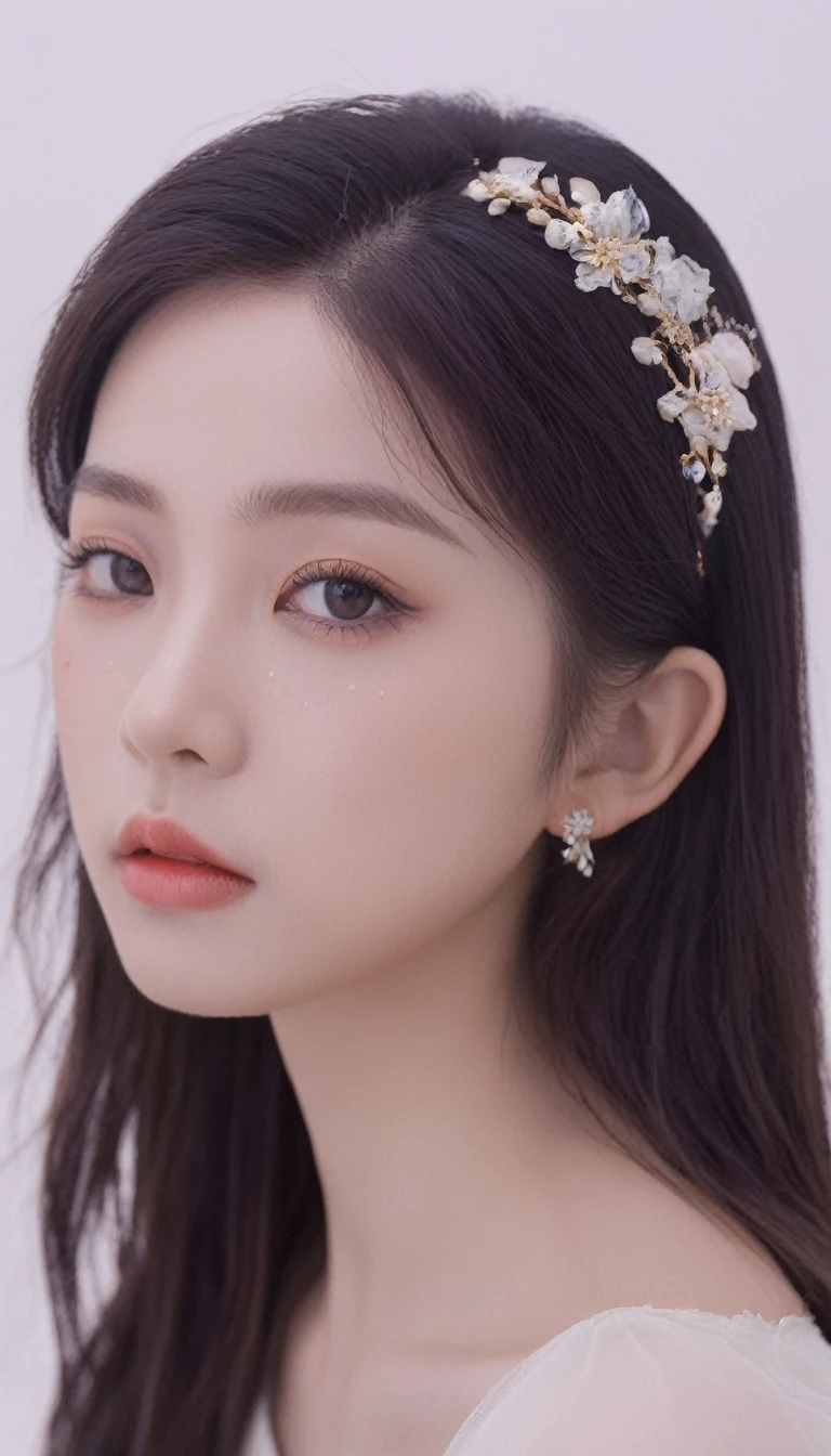 medium wide close-up, potrait, wide shoot, profile photo, front photo, 1girl, woman, (Photorealsitic)、(intricate detailes:1.2)、(​masterpiece、:1.3)、beauty face, (top-quality:1.4)、(超A high resolution:1.2)、超A high resolution、(A detailed eye)、(detailed facial features), ((Realistic lighting、top-quality、8K、natural light, ​masterpiece:1.3))、bright photo, Clear focus:1.2、1girl in、flawless beauty:1.4、Superfine Face、Narrow-eyed、double eyelid、photos realistic, perfect eyes, perfect skin, detailed skin, detailed face, looking viewer, front view, potrait, raw photo, simple soft pink background, (intricate detailed skin textured:1.4) front view, looking viewer, clear face,  1 girl、porate、Bright and very beautiful face、beautiful girl, A stunning close-up portrait showcasing the beauty of a Korean model. The composition features soft, natural lighting , bright eyes, and striking cheekbones. Her glossy,  The background is simply white background,  wear sweetshirt, neat hair, long hair, instagram model, profil picture, bright and natural