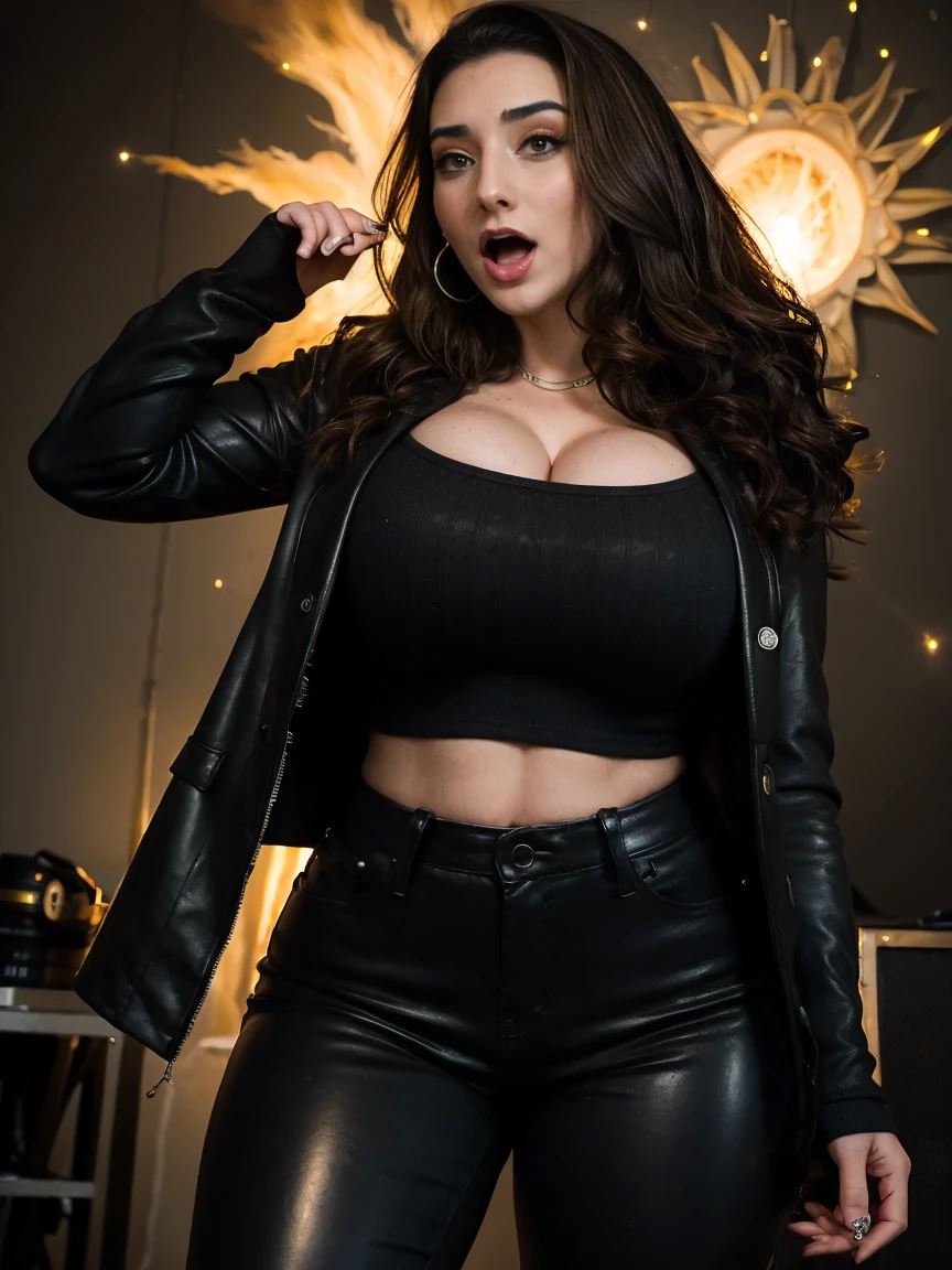 Extremely busty thin and toned brunette death metal singer, college girl, fair skin, big hair, hair pulled back, soft face, athletic, heavy makeup, piercings, black leather, studs, long sleeve black top, boots, fingerless gloves, tight pants, chains. standing on a stage, pyrotechnics, holding a microphone, metal concert. (microphone), angry, rage, screaming. Heavy metal. Death metal. Explosions, fire.