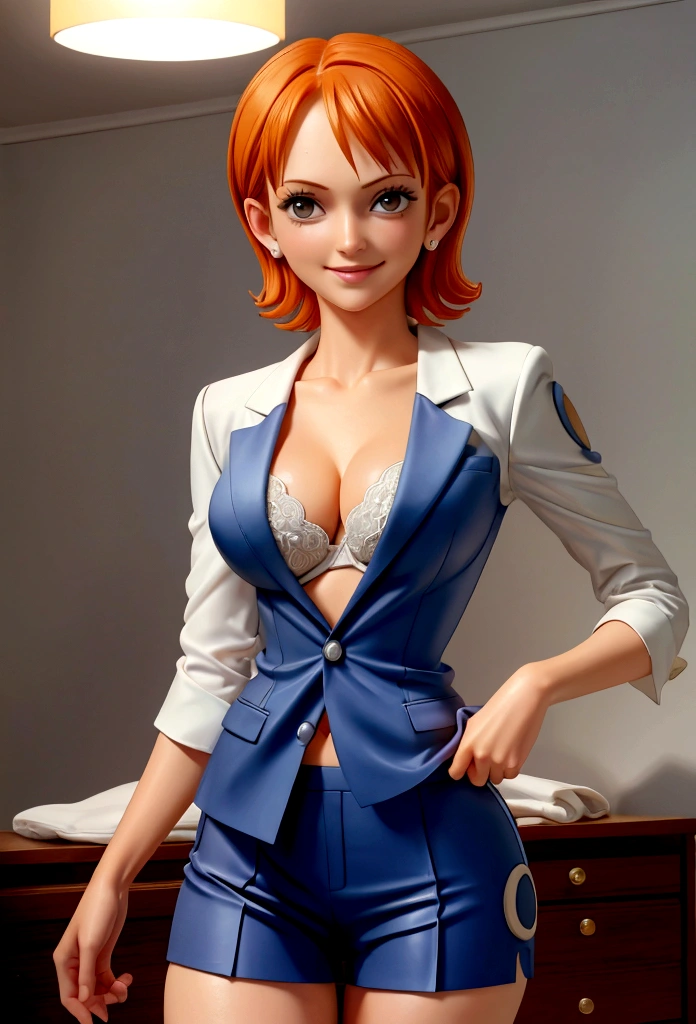 us, onepiece, short hair, orange hair, gray tailored suit, open tailored suit, A white blouse, open blouse, white lace bra, medium breasts, slips thong, mid thigh skirt, smiling, bedroom, noon