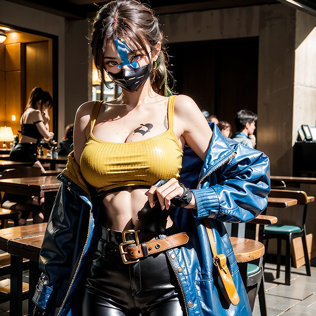 ((best quality)), ((masterpiece)), (detailed), 1girl, off-shoulder sweater, young Korean woman with golden eyes, sandy lush hair, tanned bronze skin, huge chest, sculpted powerful body muscles, dressed in a blue coat, dressed in heavy steel armor, black leather pants, wide yellow leather belt with gold yarn, steel gloves, hiking backpack , sits in a tavern of adventurers of a fantasy world,