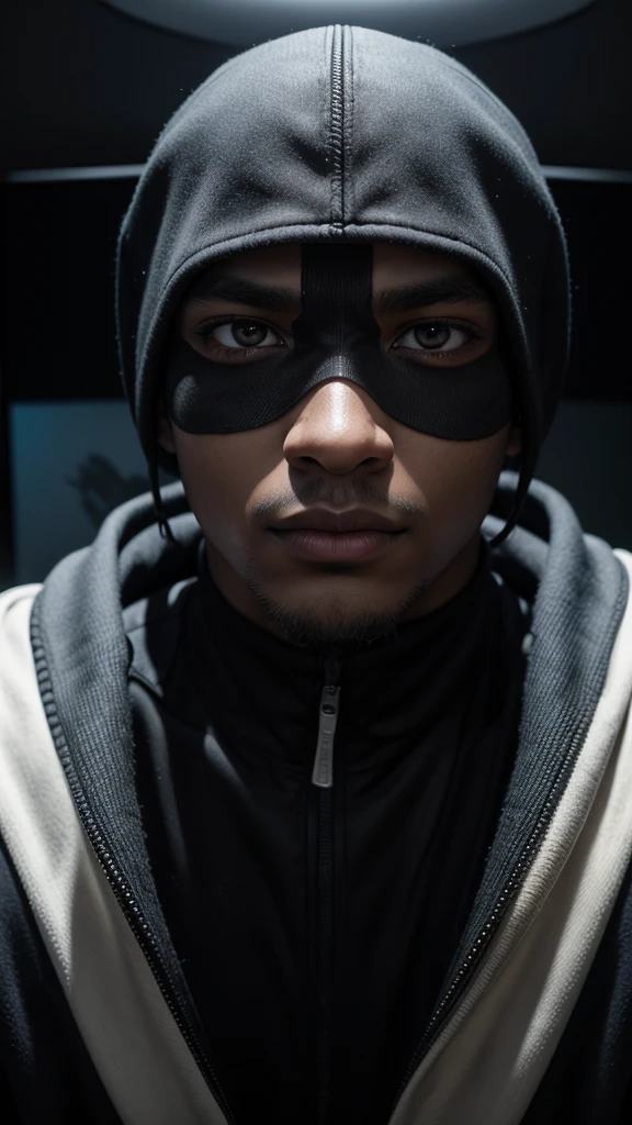 Create a character "black skin masked male." in a podcast studio, looking at the camera in front of you.