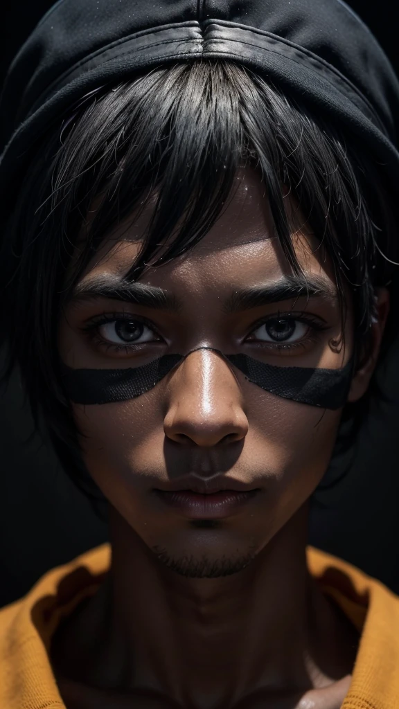 Create a character "black skin masked male." in a podcast studio, looking at the camera in front of you.