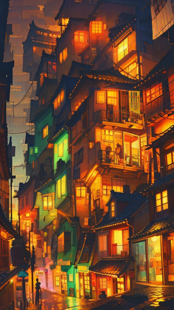 Drawings of houses in a beautiful japanese street, long shot, city concept art, warm colors, rainy evening , lovely, anime artyle, art of Winsor McCay