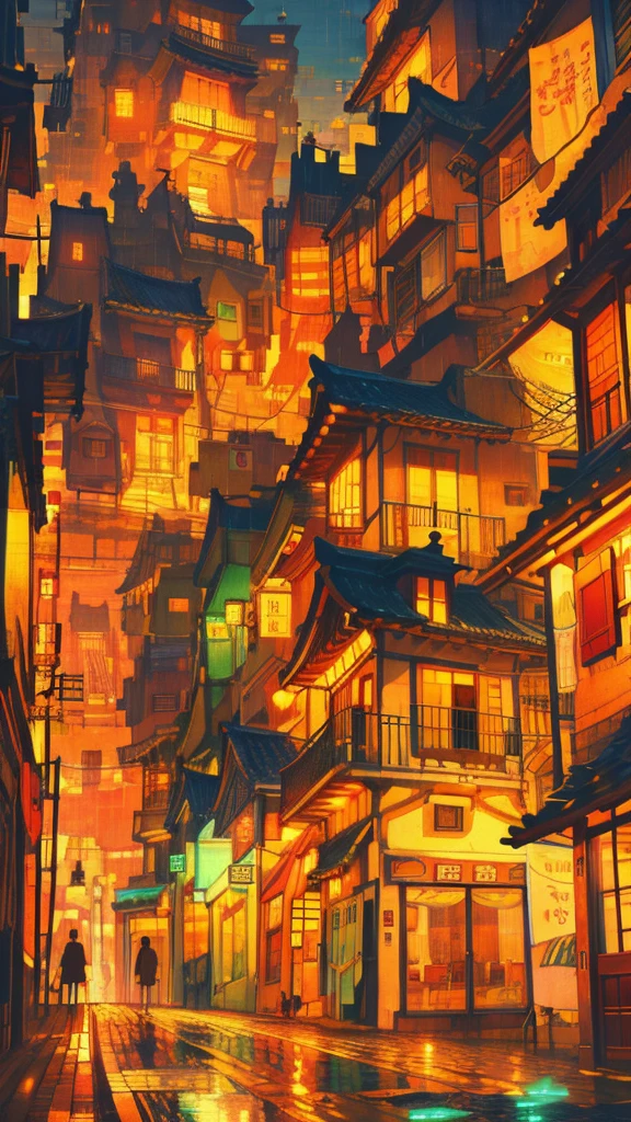Drawings of houses in a beautiful japanese street, long shot, city concept art, warm colors,  rainy evening , lovely, anime artyle, art of Winsor McCay