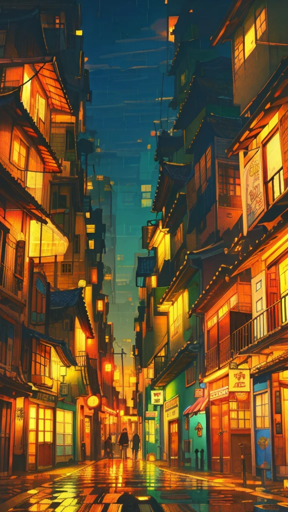 Drawings of houses in a beautiful japanese street, long shot, city concept art, warm colors, rainy evening , lovely, anime artyle, art of Winsor McCay
