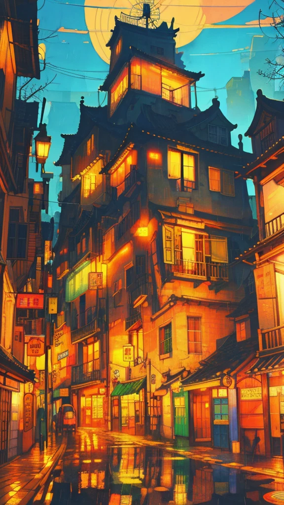 Drawings of houses in a beautiful japanese street, long shot, city concept art, warm colors, rainy evening , lovely, anime artyle, art of Winsor McCay