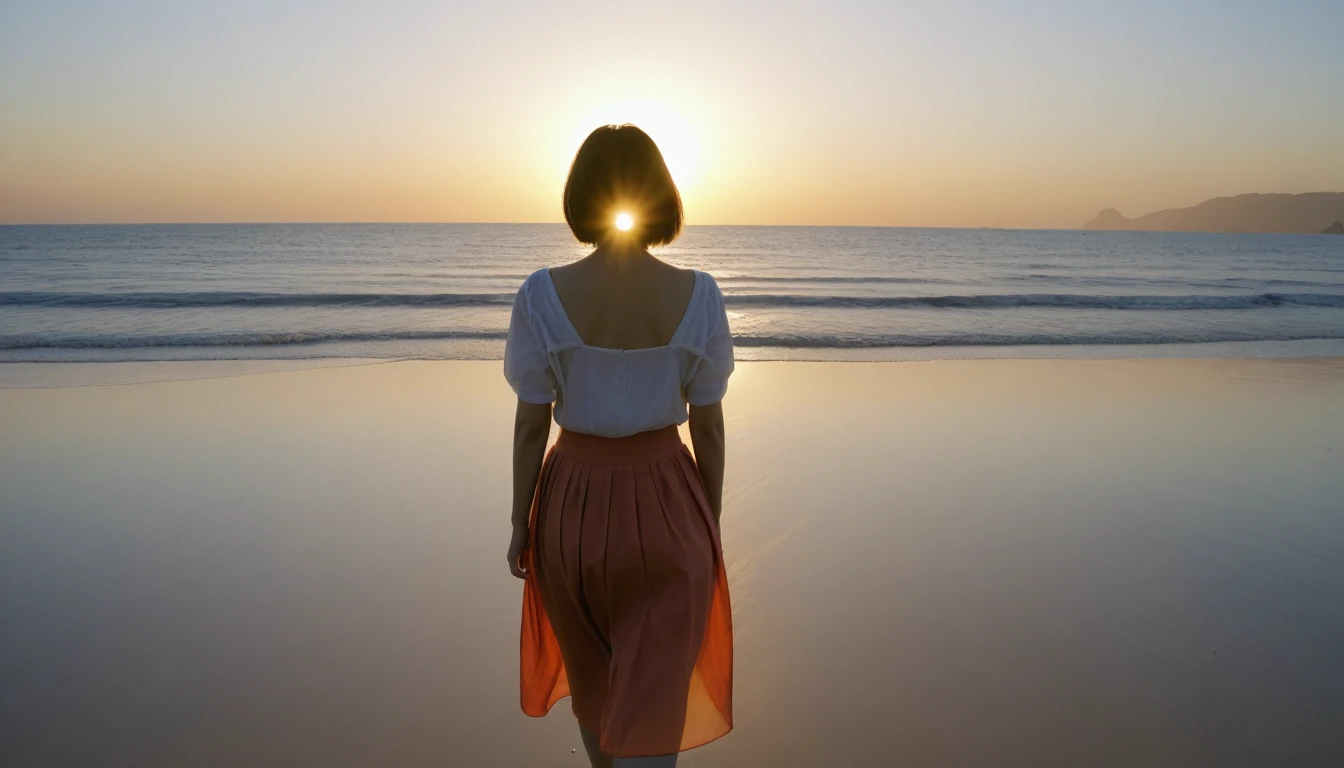 K Realistic, living photos, Realistic appearance of nature, , Woman walking along the beach at sunset. Walking in the distance with a wide angle lens , Back view of an Asian woman wearing a light skirt, burning sunset light, Short hair,