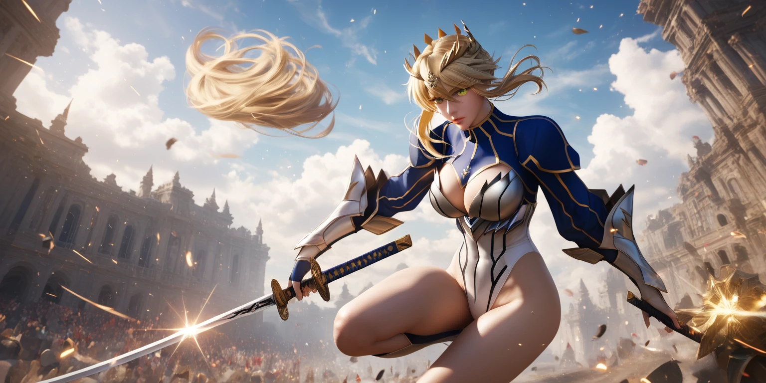 score_9, score_8_up, score_7_up, score_6_up, uncensored, artoria pendragon (lancer) (fate), blonde hair, braid, tiara, lips, BREAK (masterpiece:1.2), best quality, high resolution,(detailed eyes:1.3), perfect lighting, (perfect hands, perfect anatomy), large breasts, white thong leotard, battle_stance, one_leg_raised, holding katana, glow effects, godrays, Hand drawn, Vivid colors, extremely detailed CG unity 8k wallpaper, trending on CGSociety, Intricate, High Detail, dramatic, hollow eyes,
