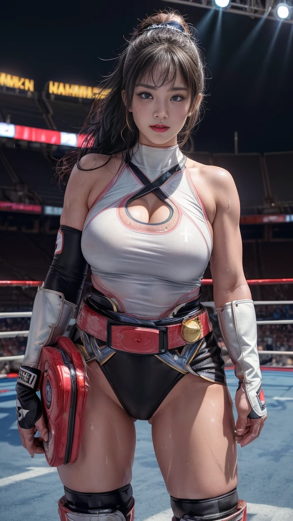 nsfw、Female professional wrestler、((Championship Belt))、expensive、smile、((In the Ring))、((Spotlight))、(((Big stadium)))、((Super big breasts))、((Super tight costume))、Wristband、(((Aggressive and flashy costumes)))、((Elbow guard))、(Shin guard)、I can see your abs、Hairstyle with bangs、((Sweat))、((Match venue))、Very beautiful woman、((Female Athletes))、(Detailed face)、Realistic Skin、((Delicate photo)),(Girl masterpiece RAW photo details:1.25), (Highest quality:1.6), (Ultra-high resolution:1.5), (Realistic:1.75), 8K resolution,50mm, Absurd, Super detailed,Cinema Lighting、