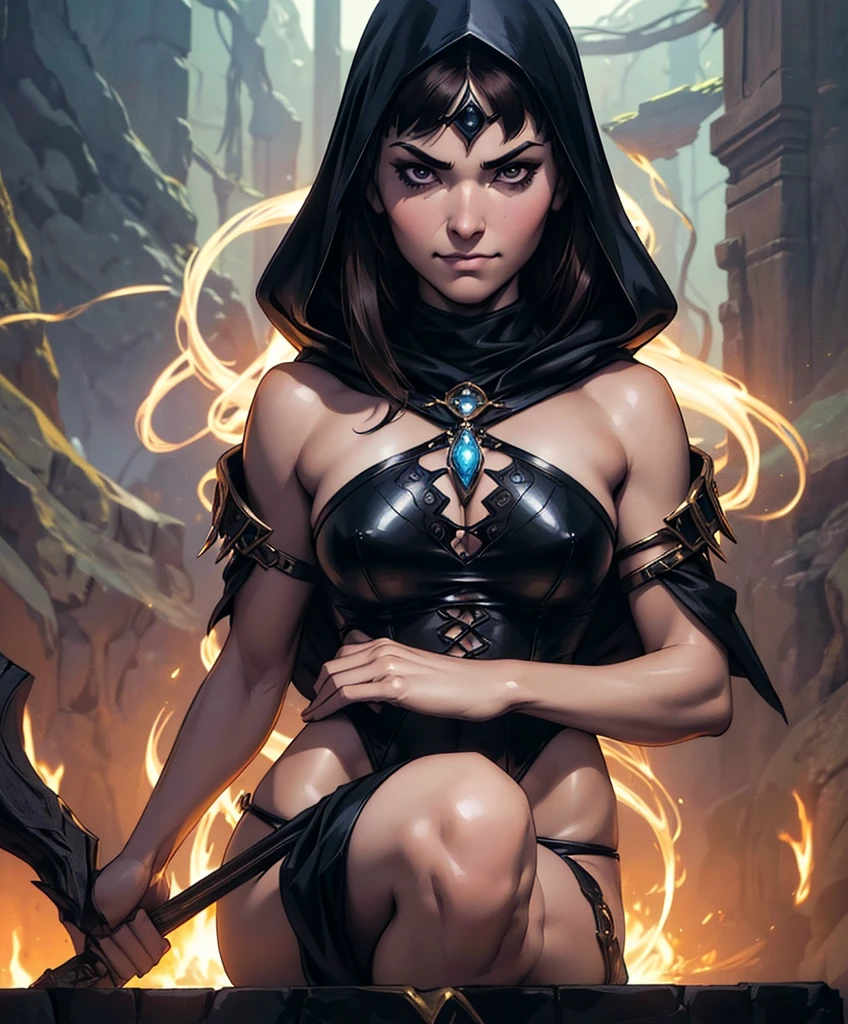 (((Luxurious shoulder length dark hair and sexy smirk.))) (((18 years old.))) (((18yo.))) (((Cute smirk.))) (((Single character image.))) (((1girl))) Generate a character for a fantasy setting.   (((Sexy stare.)))Generate an image of a female cultist for a fantasy setting.  (((She wears a sexy black bikini outfit and a hood.))) She wears a hooded robe and has a a sinister smirk.  She looks like a member of a fringe religious cult that worships the Great Old Ones.  She looks like she worships demons.  (((serious expression))), pathfinder, Dungeons & Dragons character portrait, intricate details, ultra detailed, extremely detailed hands, ultra detailed clothes, ultra detailed hands, epic masterpiece, ultra detailed, hyperdetailed hands, digital art, unreal engine, 8k, ultra HD, centered image(((sexy, long, exotic, hair))), mysterious, (((serious expression))), sexy body, pathfinder, Dungeons & Dragons character portrait, intricate details, ultra detailed, extremely detailed hands, ultra detailed clothes, ultra detailed hands, epic masterpiece, ultra detailed, hyperdetailed hands, digital art, unreal engine, 8k, ultra HD, centered image