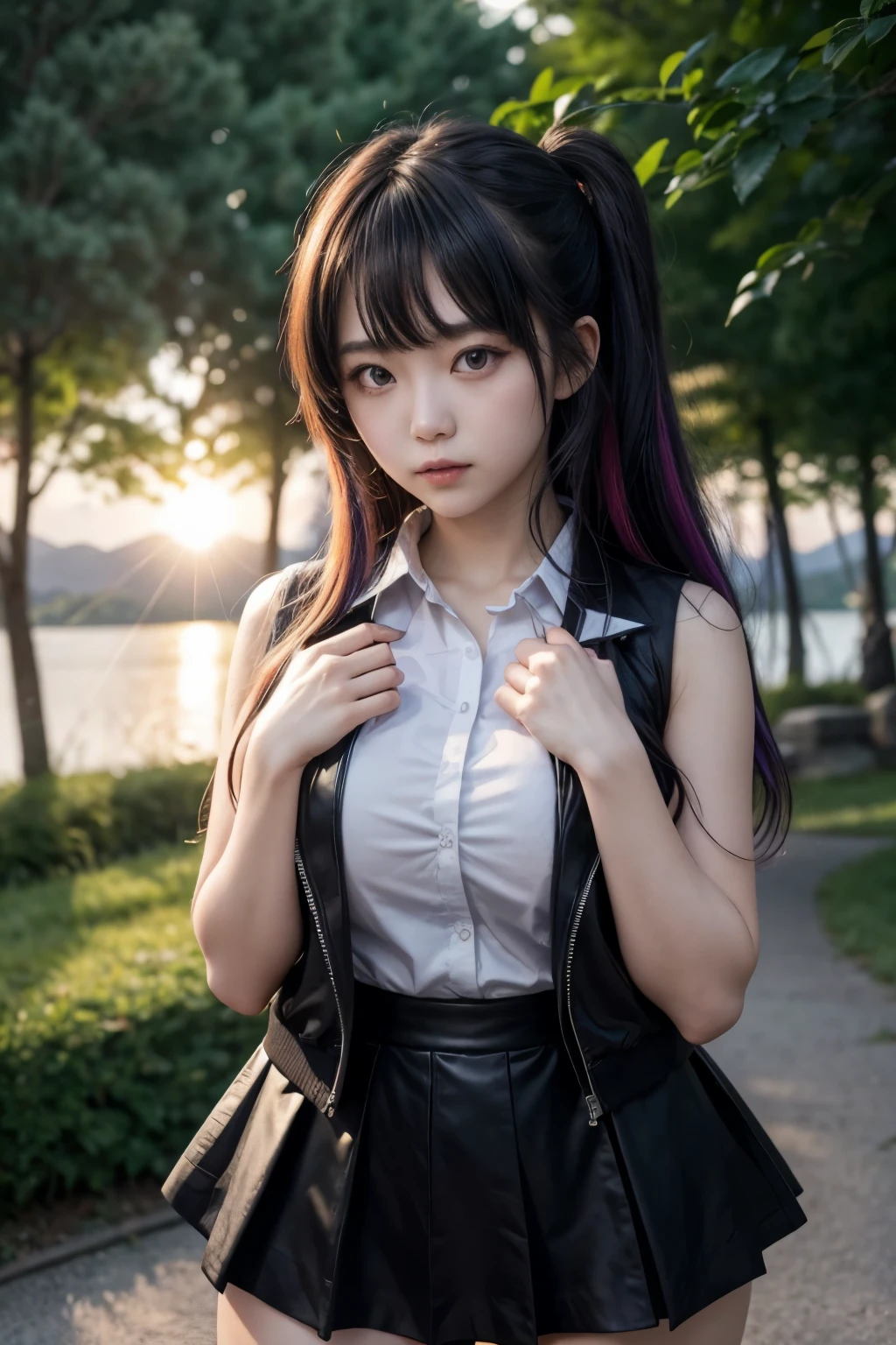kochou shinobu, 1 girl,work of art, multicolored hair,sleeveless, purples eyes, Black jacke,Black Skirt,'s uniform, white haori, , Various butterflies, , lake sunset, Lens flare, perfect lighting, highest quallity, hands back, thick-thighs, breasts big, highest quallity, high resolution.