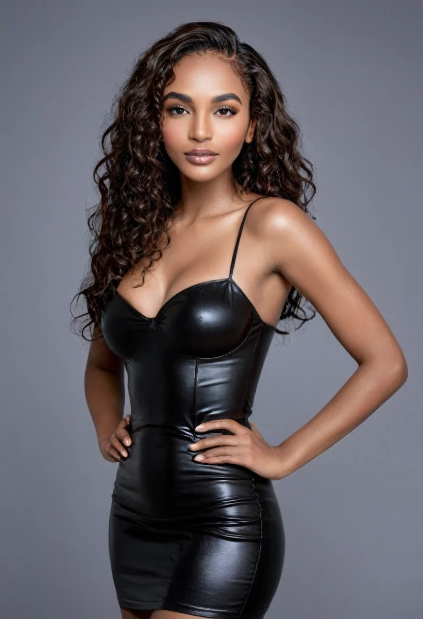 Woman in a low-cut black latex dress, posing for a photo in the studio, full body photo A beautiful woman, Latin face, supermodel, stunning beauty, Brazilian and Angolan descent, the most beautiful woman in the world, jaw-dropping beauty, young adult aged 30. She has an exotic beauty, a tall woman, a black woman, mixing African and indigenous features, a unique mixture of indigenous, African and European ebony, her beauty is unique, undeniable, a beautiful young black woman with dark skin. His hair is black, like darkness and dense as the night, curly black hair, voluminous and shiny, long curly black hair. His eyes are green and expressive, beautiful eyes, realistic eyes, detailed eyes, ultra-realistic, symmetrical, hyper-realistic, (eyeliner, long eyelashes), intense and penetrating look, seductive, mysterious and charming look, look of magnetism, attraction and fascination. * Eyebrows: Perfect eyebrows that arch gracefully above the eyes and are thick. * the nose is small and proportional to the face and the soft contour of the face that accentuates the high cheekbones. *Mouth: Attractive and irresistible mouth, well-defined lips, full lips, voluminous lips, seductive lips, captivating, striking, unforgettable, mischievous, sexy, your features are captivating, seductive expression, a seductive smile is enigmatic *Face shape: O the face is oval, with high cheekbones and a well-defined chin, a beautiful and detailed face. *Makeup: Makeup is subtle, but highlights natural features. Skin tone: Olive skin, healthy and even glow, with olive skin, dark skin, sexy girl with olive skin, detailed skin texture, beautiful and glowing skin, intricate details, smooth skin, healthy and radiant appearance. *body: attractive and slim woman, medium bust, athletic, thin waist, wide hips, big butt, thick thighs, shapely legs. A woman posing for a full-length, sexy and dynamic photo. Tight black outfit, black bodycon dress, short black dress, sexy black dress.