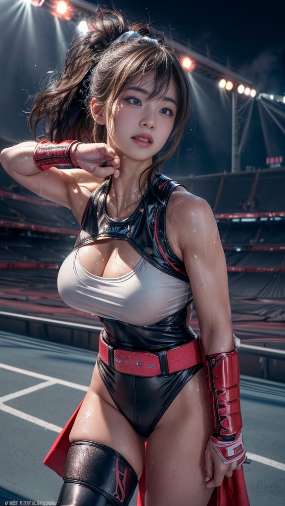 nsfw、Female professional wrestler、((Championship Belt))、expensive、smile、((In the Ring))、((Spotlight))、(((Big stadium)))、((Super big breasts))、((Super tight costume))、Wristband、(((Aggressive, outlandish and flashy costumes)))、((Elbow guard))、(Shin guard)、I can see your muscles、Hairstyle with bangs、((Sweat))、((Match venue))、Very beautiful woman、((Female Athletes))、(Detailed face)、Realistic Skin、((Delicate photo))，(Girl masterpiece RAW photo details:1.25), (Highest quality:1.6), (Ultra-high resolution:1.5), (Realistic:1.75), 8K resolution,50mm, Absurd, Super detailed,Cinema Lighting、
