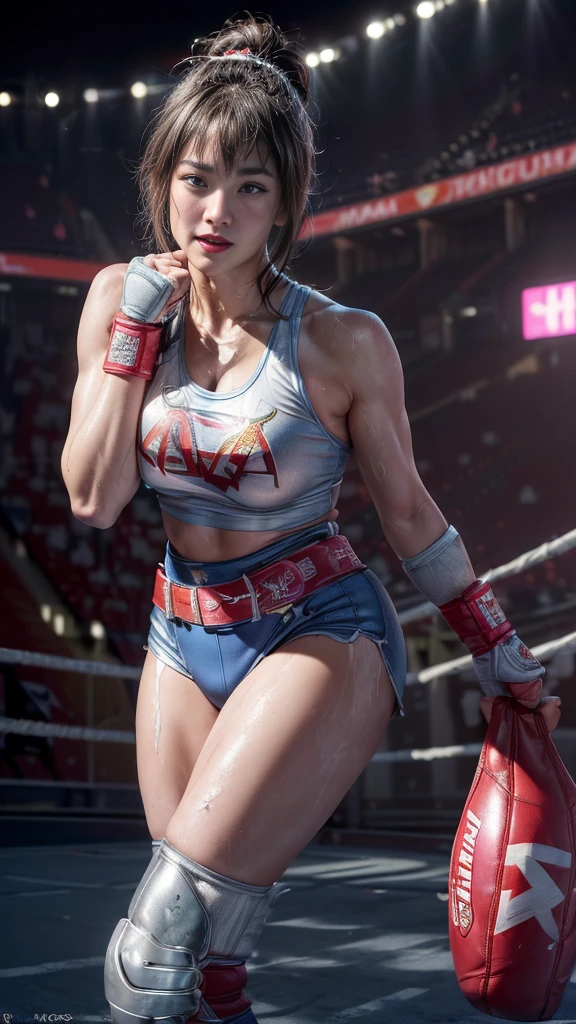 nsfw、Female professional wrestler、((Championship Belt))、expensive、smile、((In the Ring))、((Spotlight))、(((Big stadium)))、((Super big breasts))、((Super tight costume))、Wristband、(((Aggressive, outlandish and flashy costumes)))、((Elbow guard))、(Shin guard)、I can see your muscles、Hairstyle with bangs、((Sweat))、((Match venue))、Very beautiful woman、((Female Athletes))、(Detailed face)、Realistic Skin、((Delicate photo)),(Girl masterpiece RAW photo details:1.25), (Highest quality:1.6), (Ultra-high resolution:1.5), (Realistic:1.75), 8K resolution,50mm, Absurd, Super detailed,Cinema Lighting、