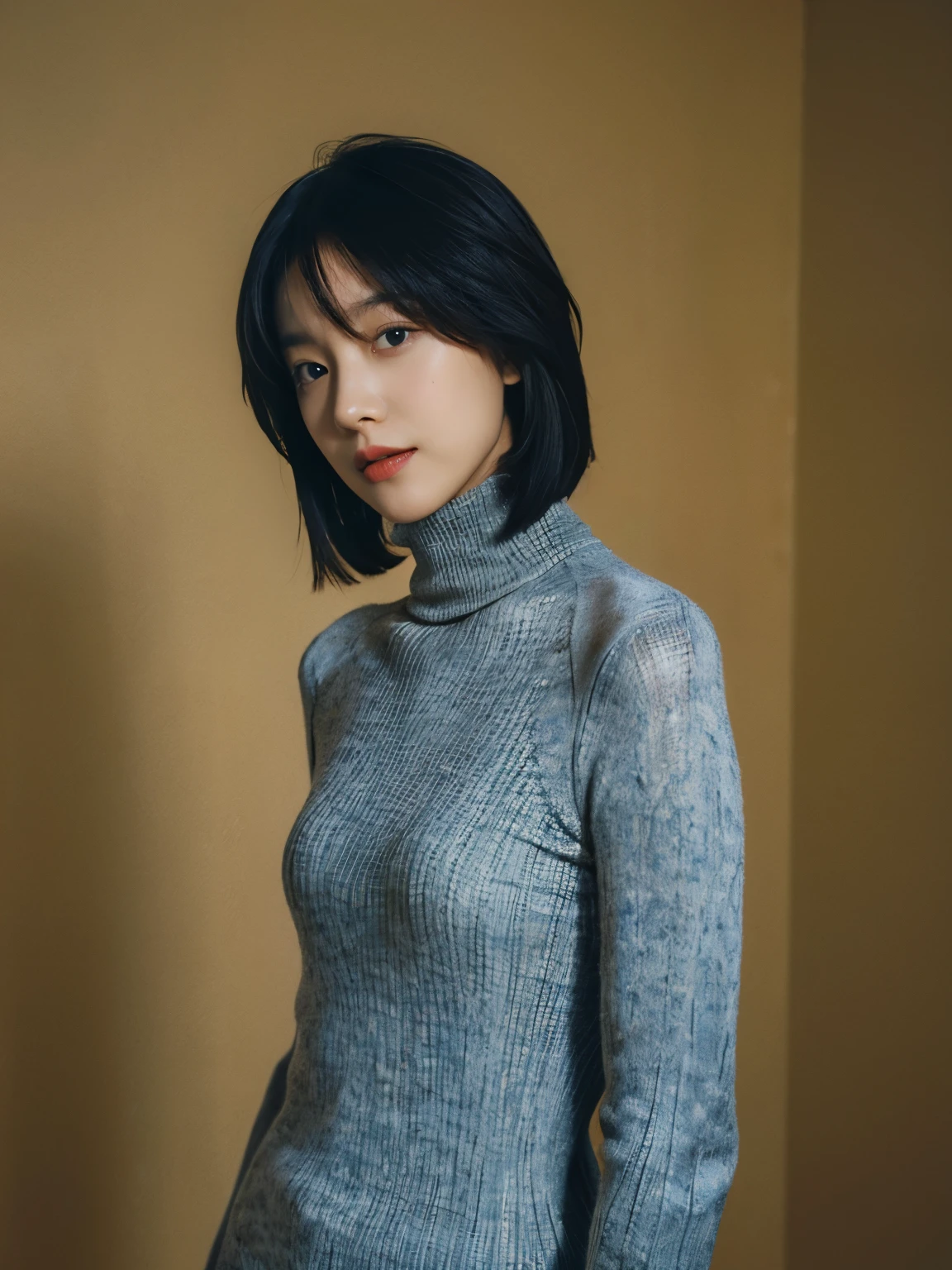 Best quality,masterpiece,Ultra-high resolution,(Authenticity:1.4),RAW photos,Texture,1 cool girl,High and tall，Wearing a turtleneck, Standing in a plain background，Looking at the camera，fashion photography, black bob haircut, beautiful eyes